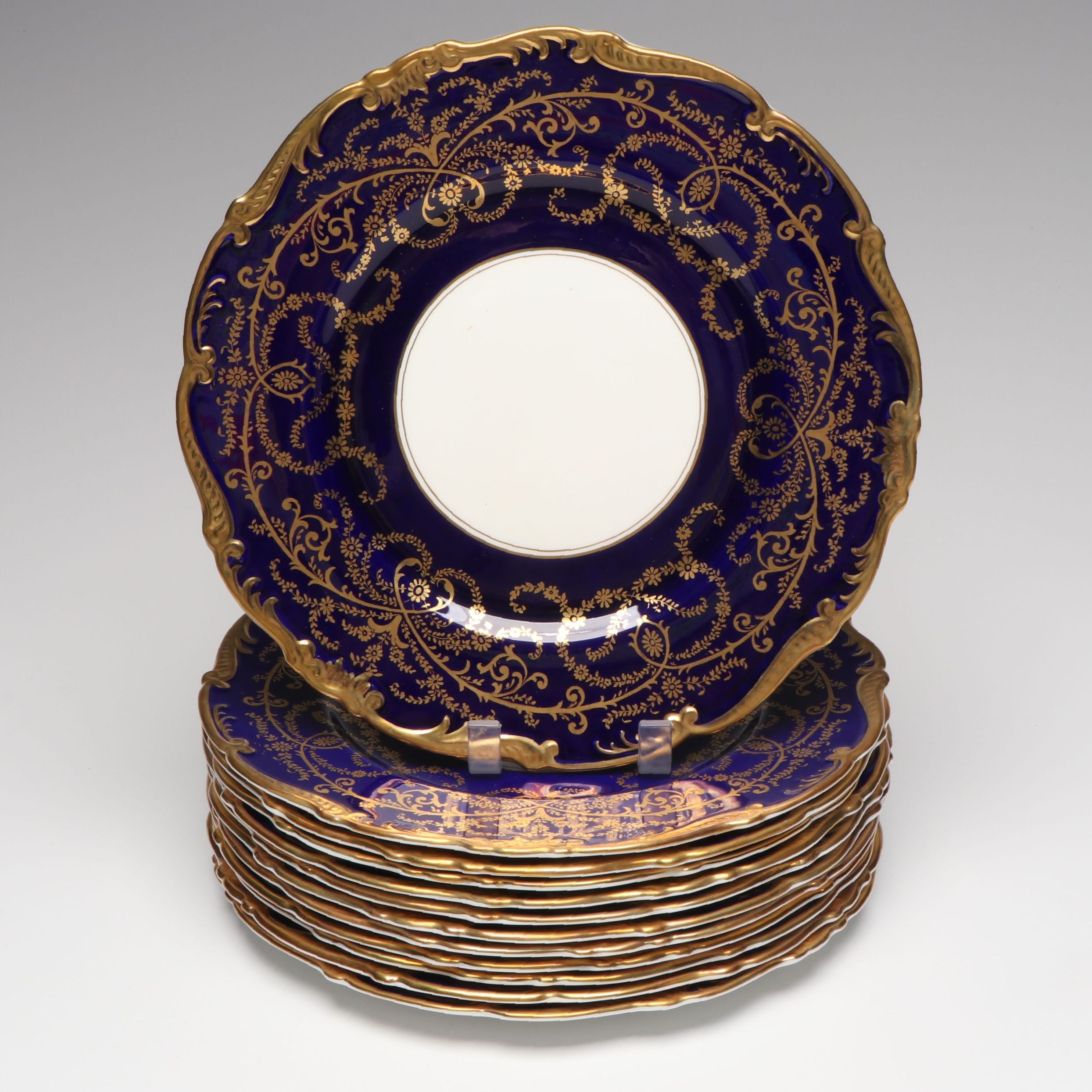 Coalport Bone China Gilt and Cobalt Border "Anniversary" Plates, 20th Century