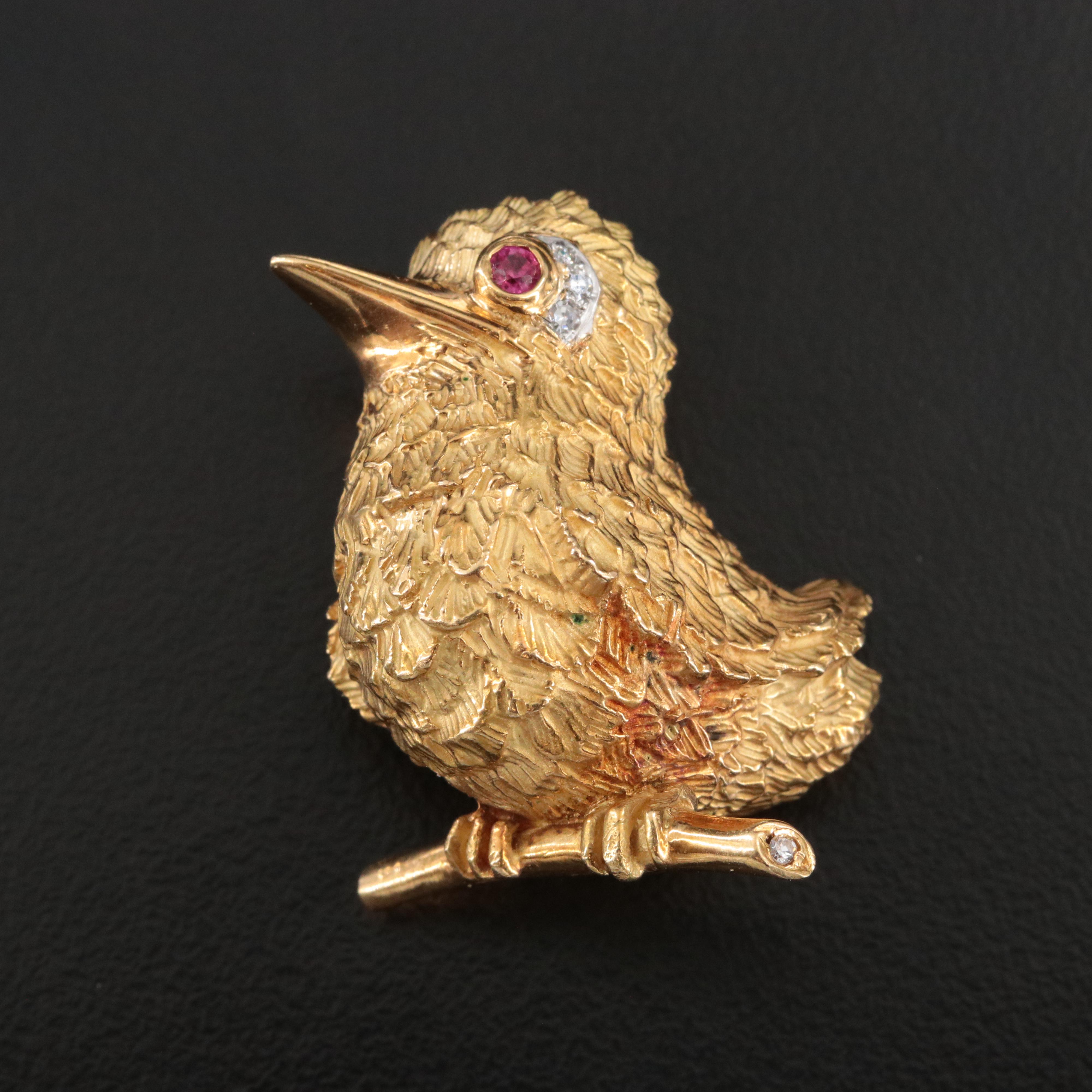 Cartier 18K Diamond and Ruby Bird Brooch