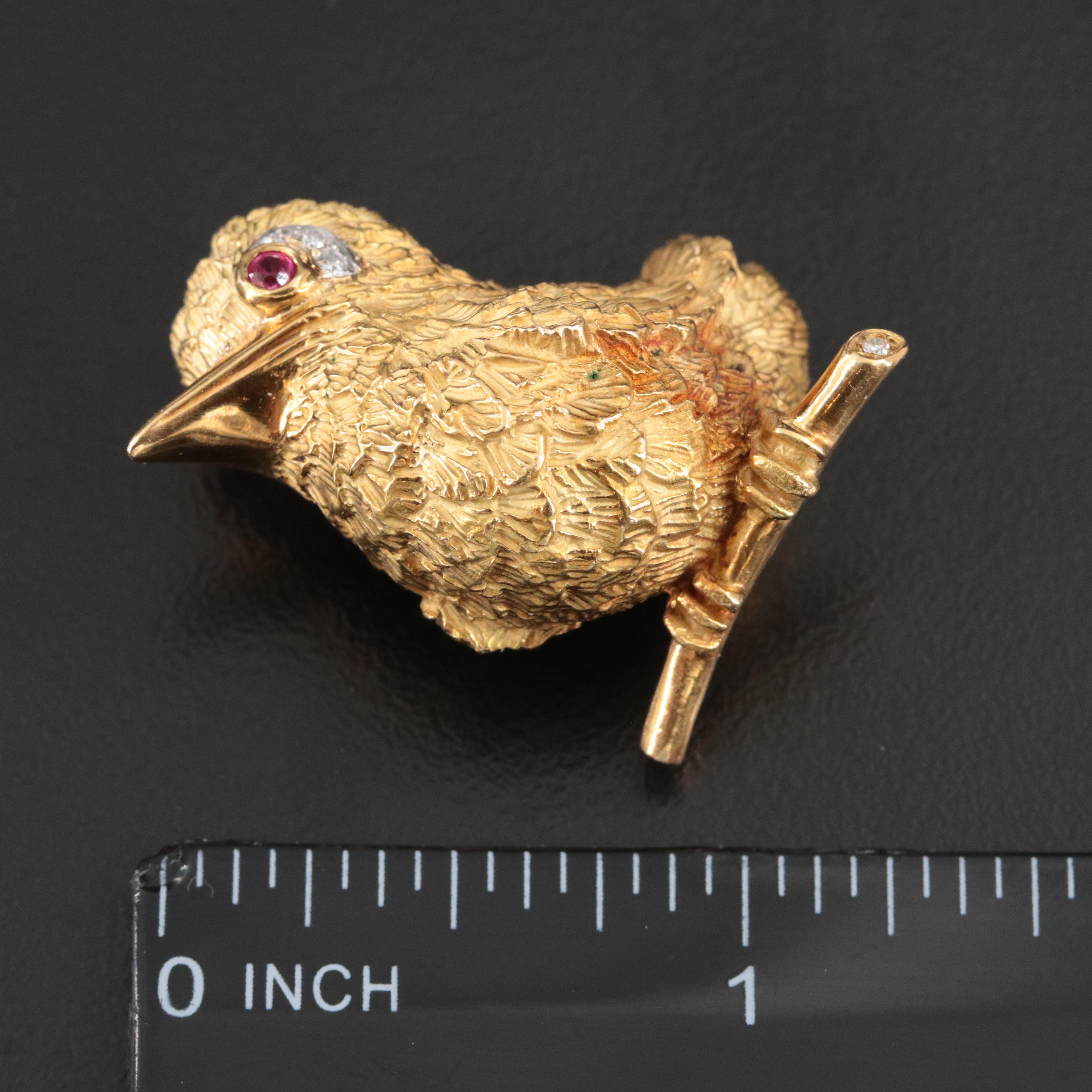 Cartier 18K Diamond and Ruby Bird Brooch