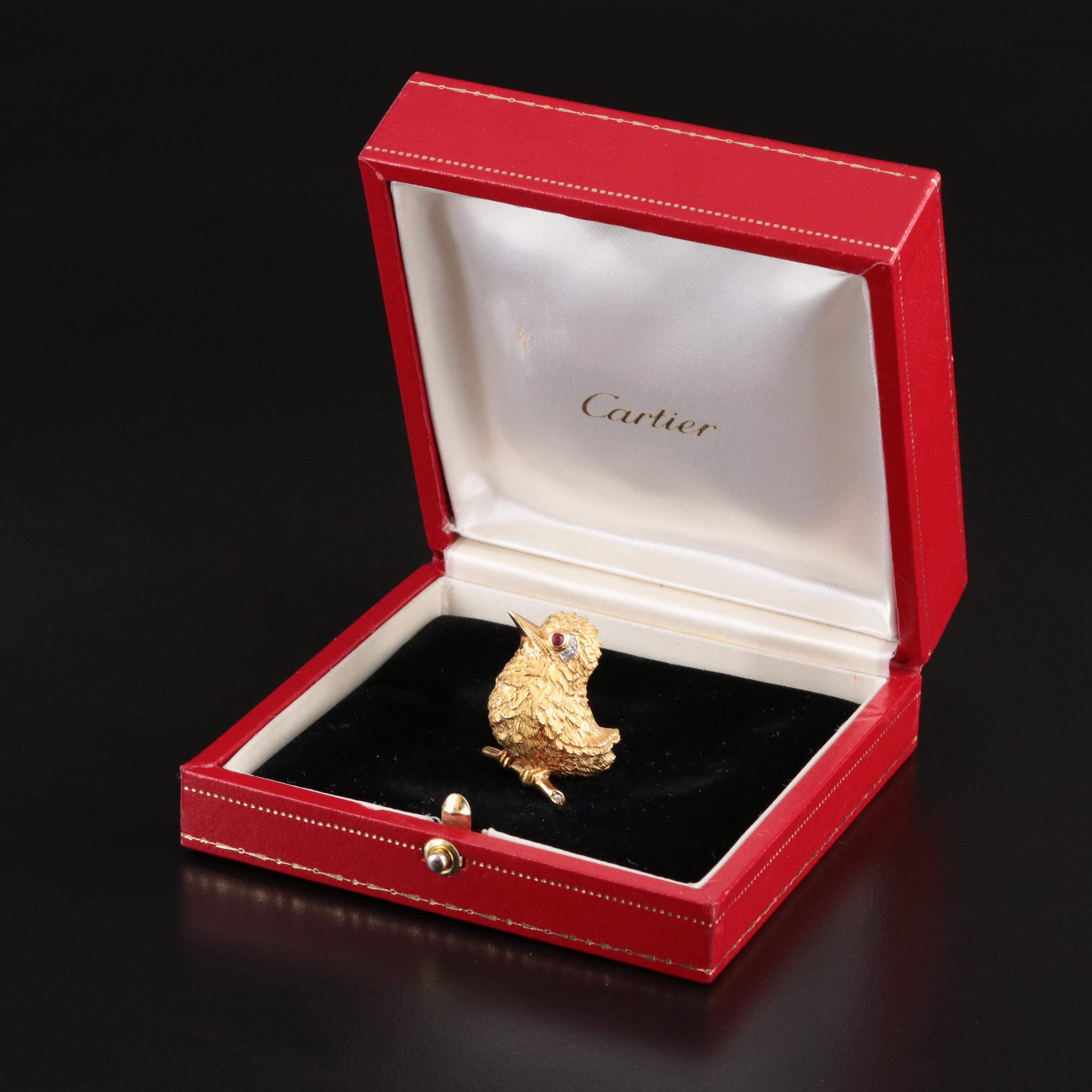 Cartier 18K Diamond and Ruby Bird Brooch