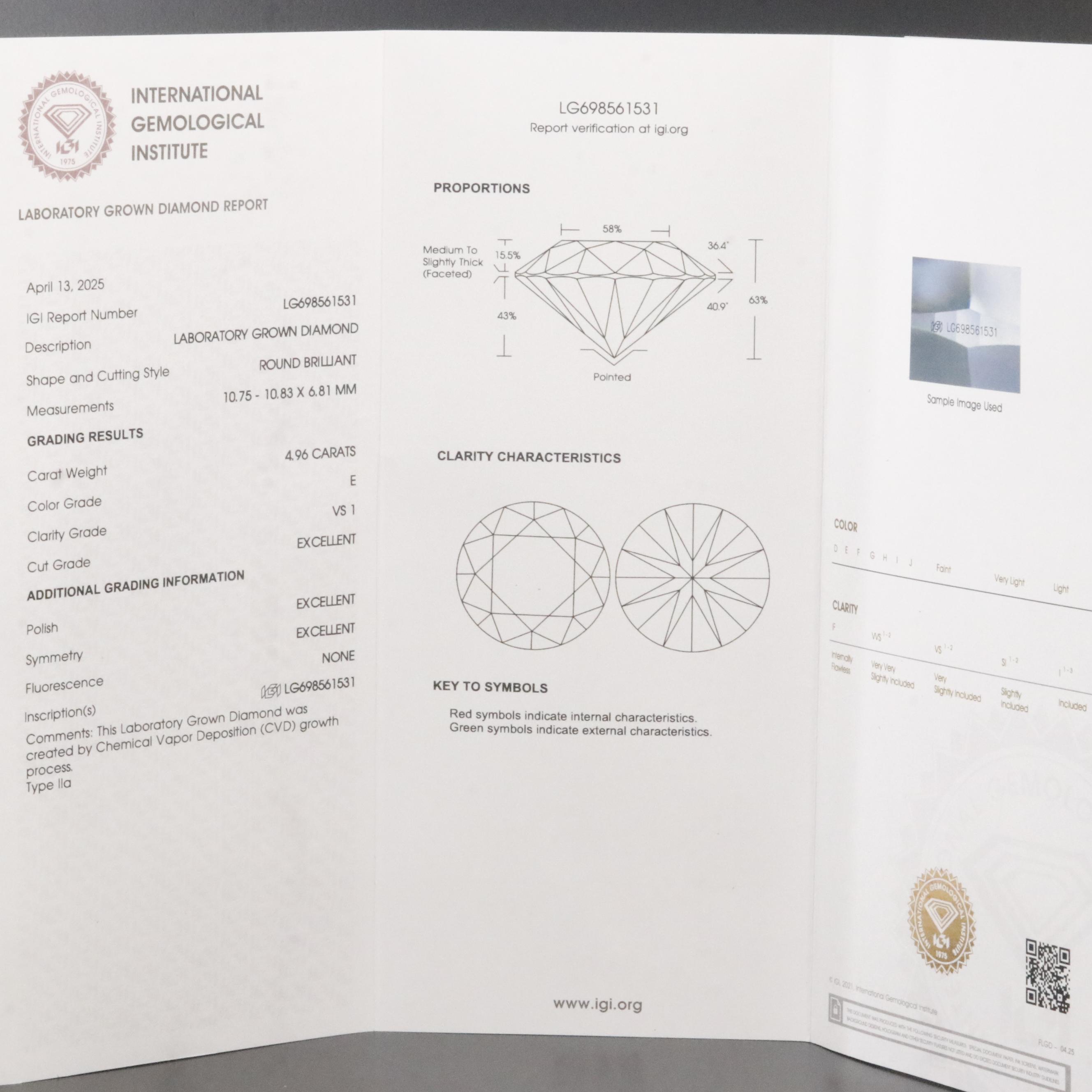 Loose 4.96 CT Lab Grown Diamond with IGI Report