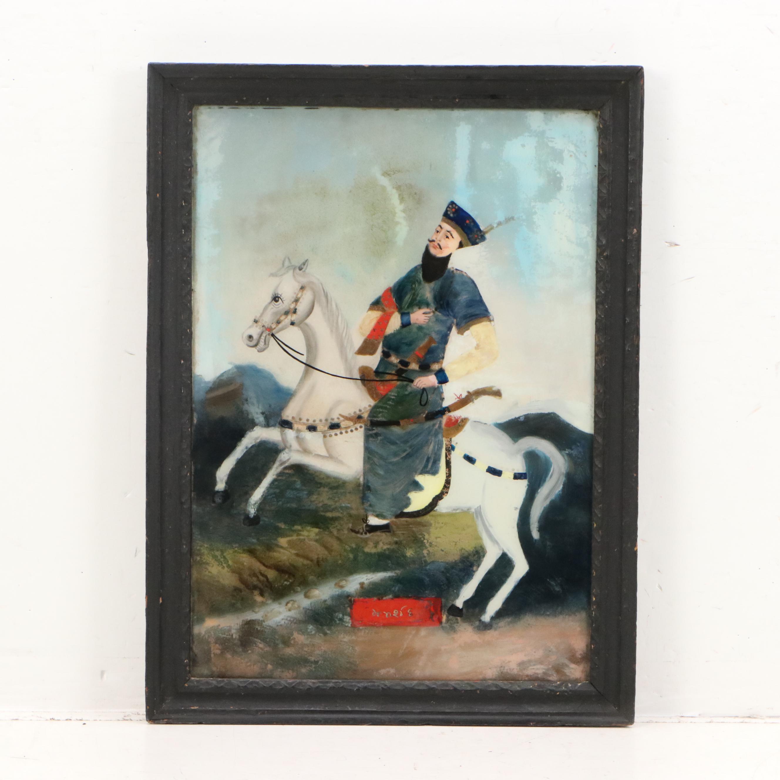 Persian School Reverse Glass Paintings of Warriors on Horseback