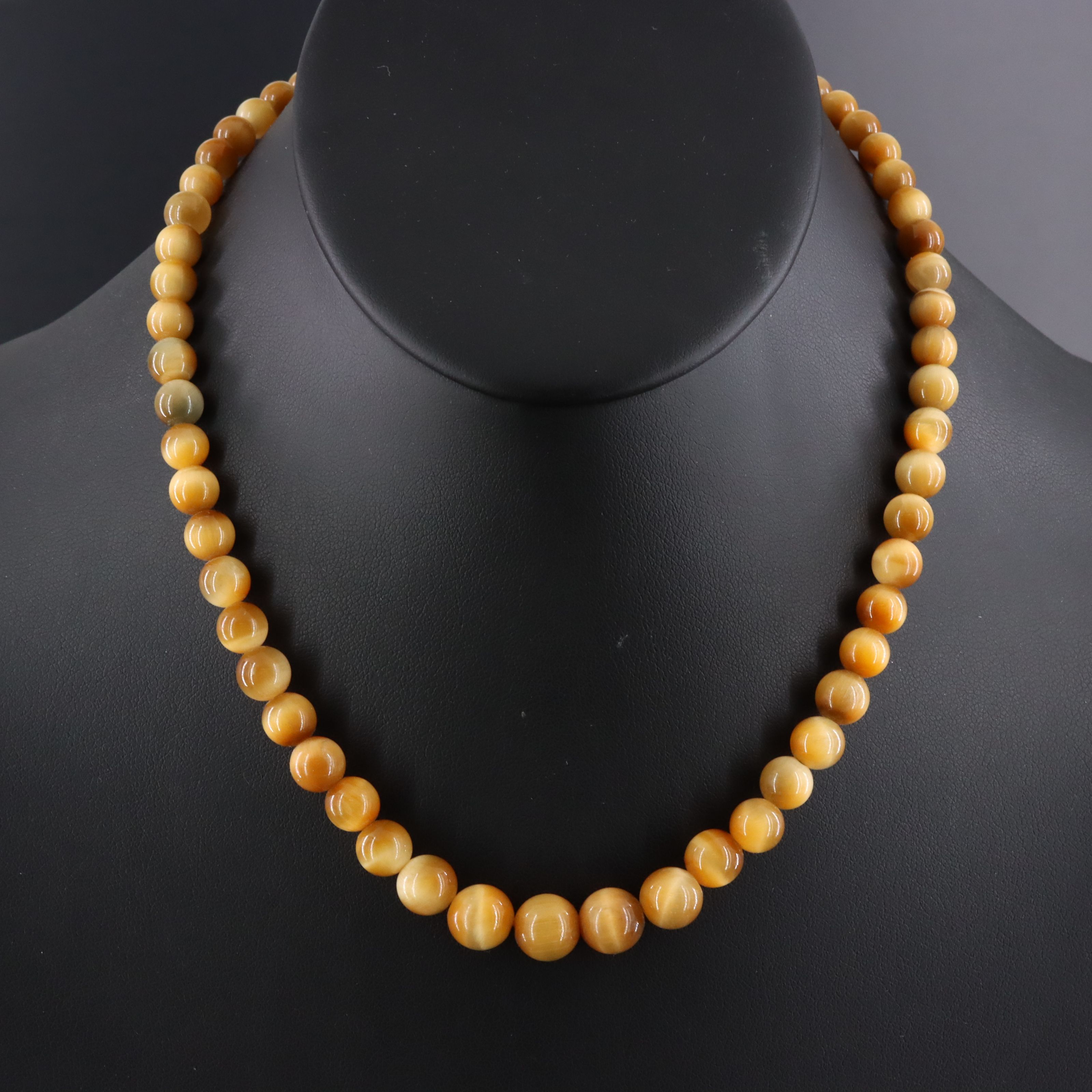 Vintage Graduated Tiger's Eye Bead Necklace with 14K Seed Pearl Clasp