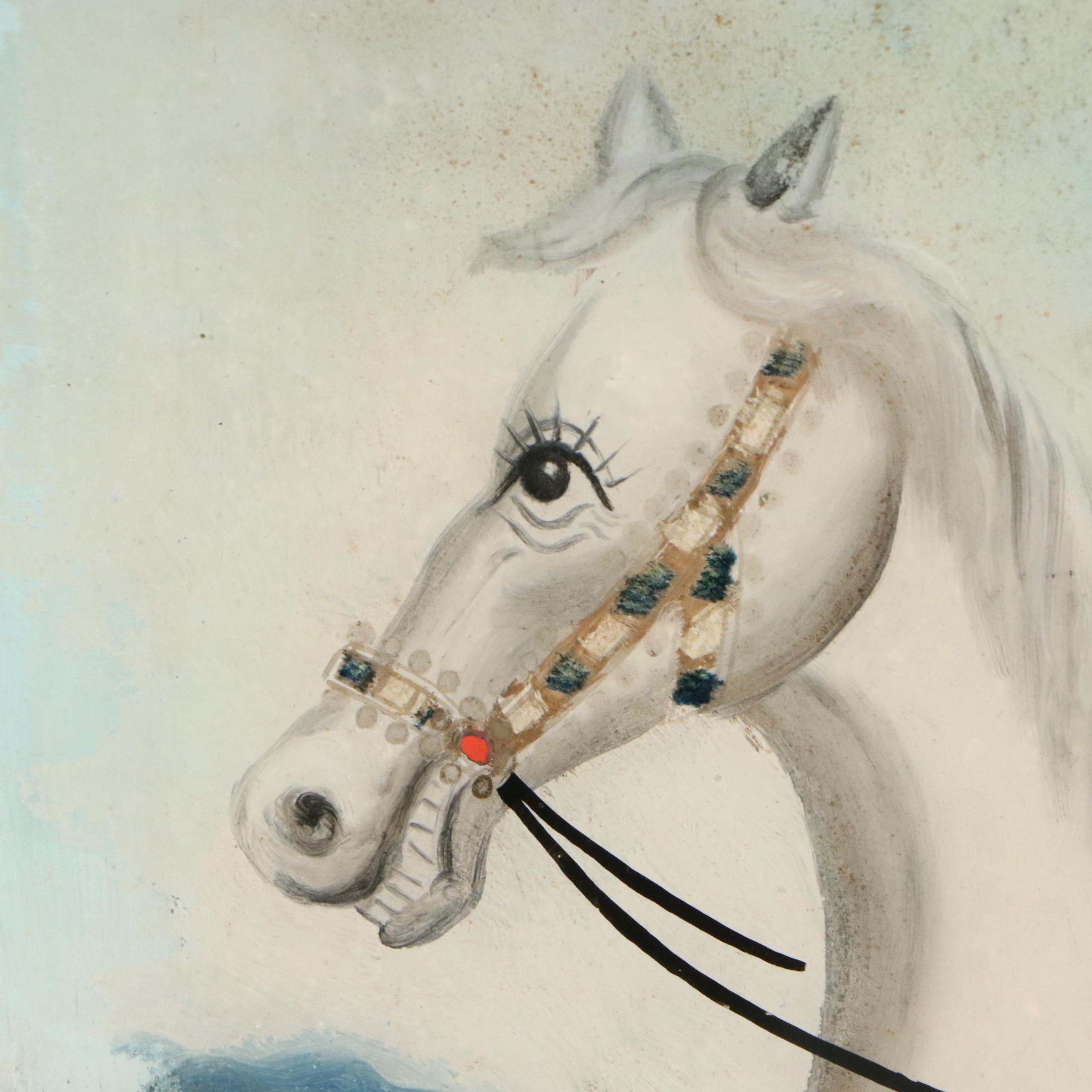Persian School Reverse Glass Paintings of Warriors on Horseback