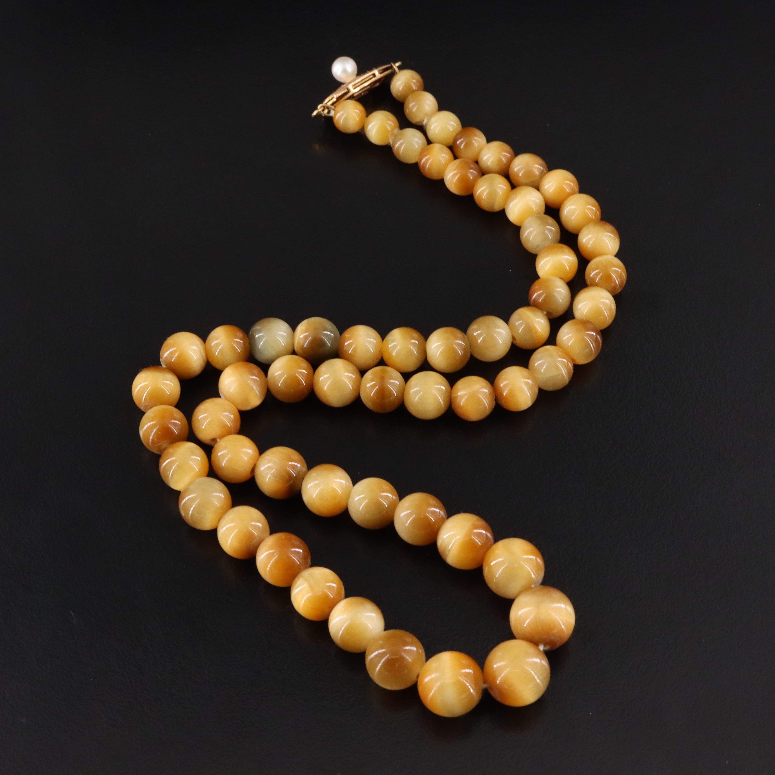 Vintage Graduated Tiger's Eye Bead Necklace with 14K Seed Pearl Clasp