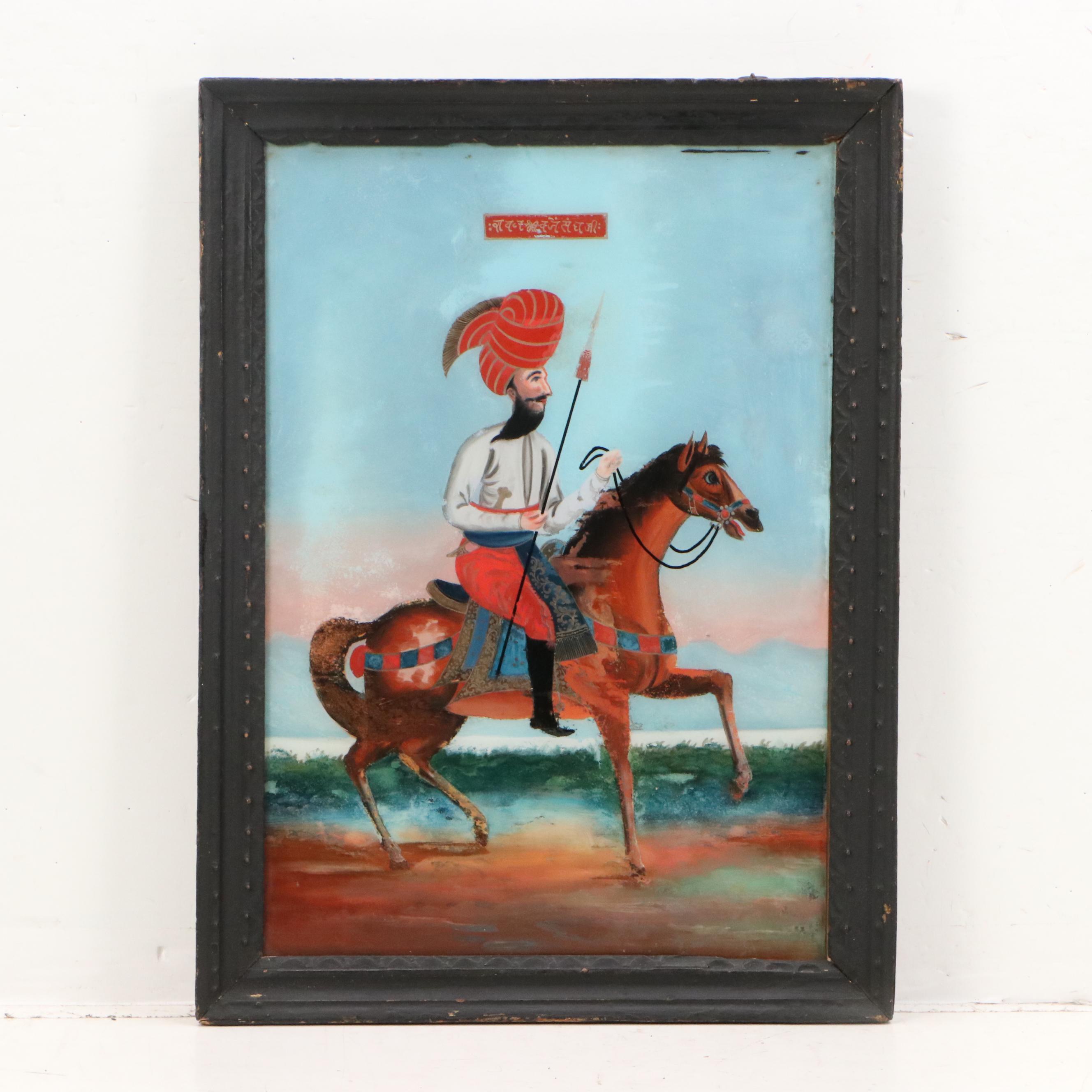 Persian School Reverse Glass Paintings of Warriors on Horseback