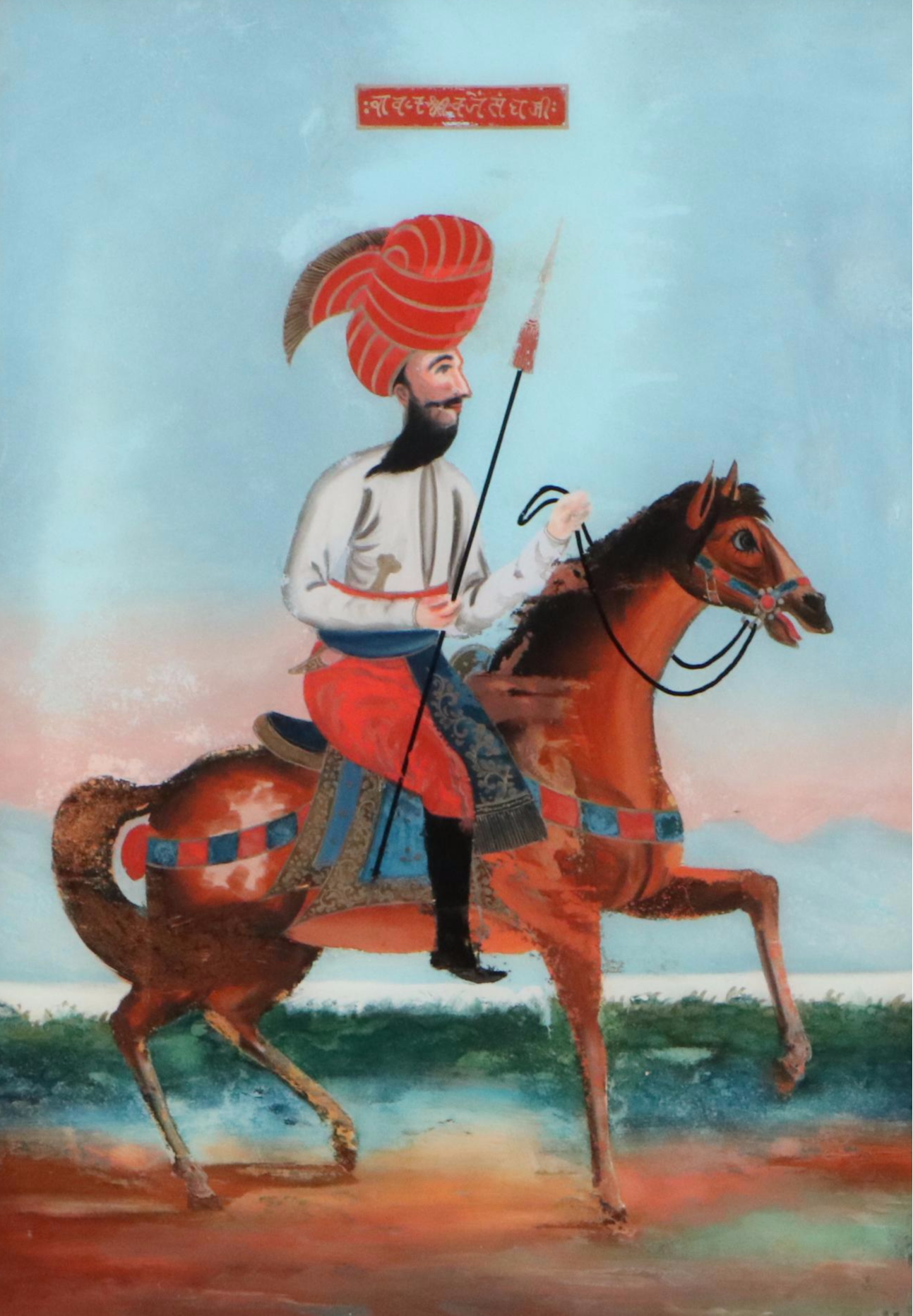 Persian School Reverse Glass Paintings of Warriors on Horseback