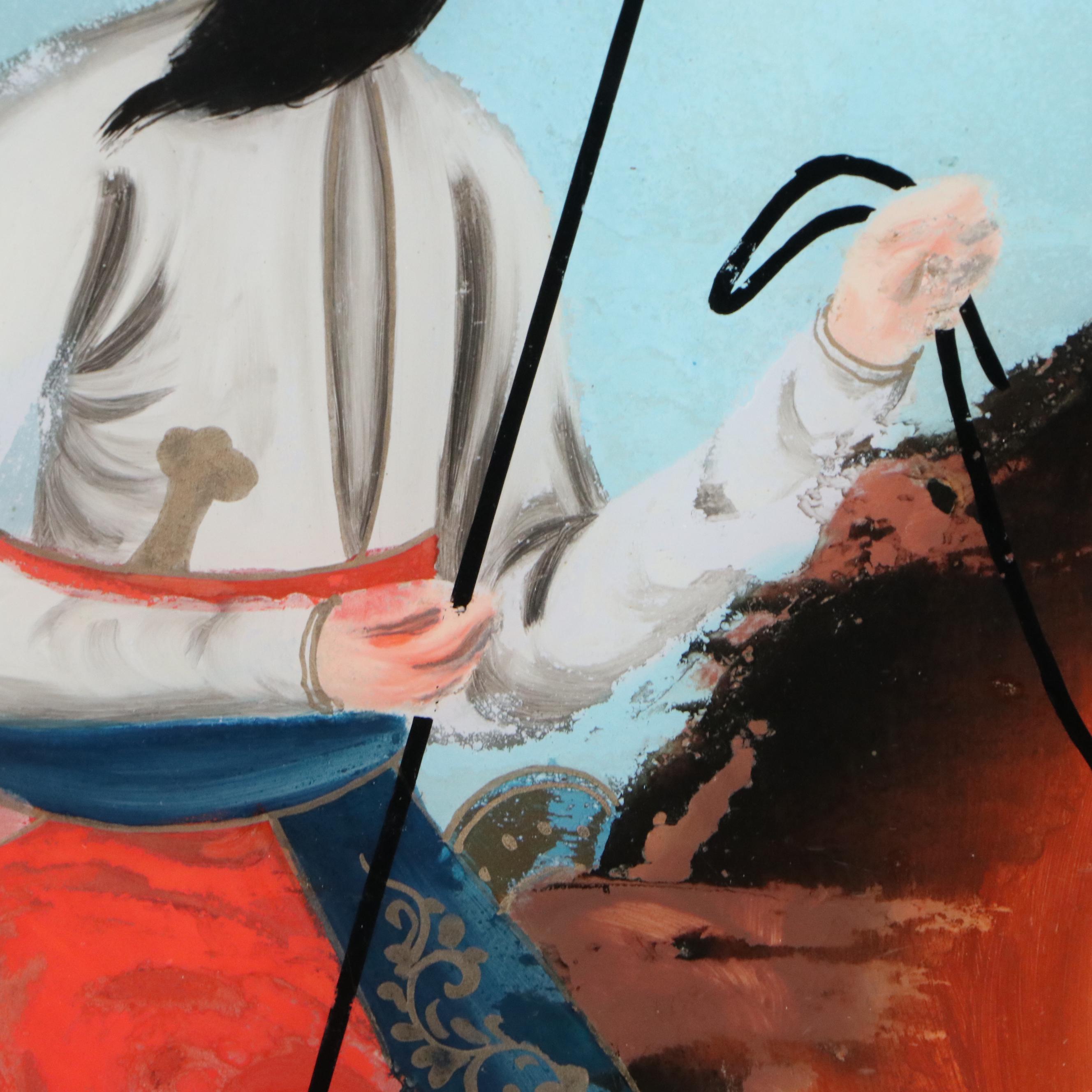 Persian School Reverse Glass Paintings of Warriors on Horseback