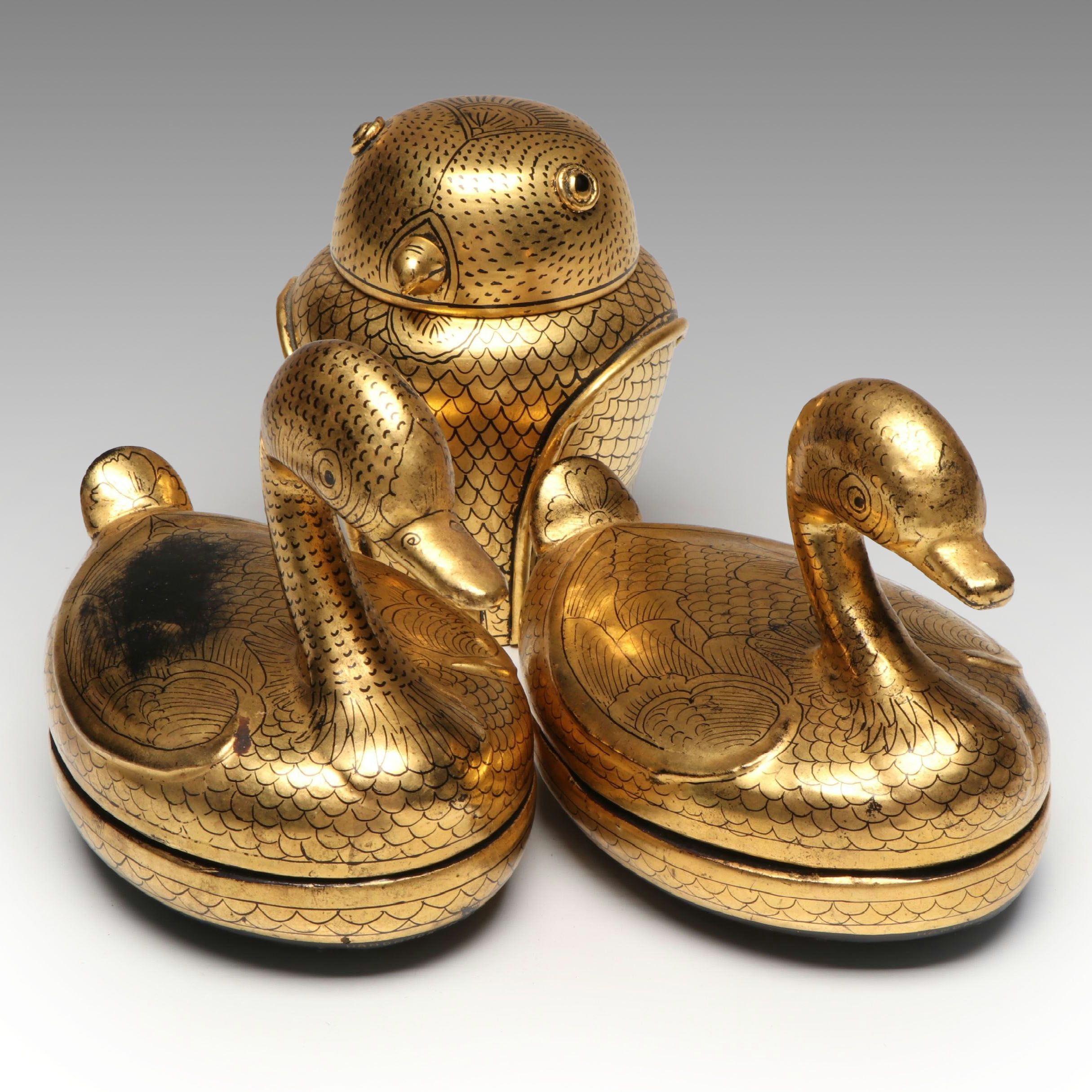 Burmese Gilt Lacquerware Duck Boxes and Owl Jar