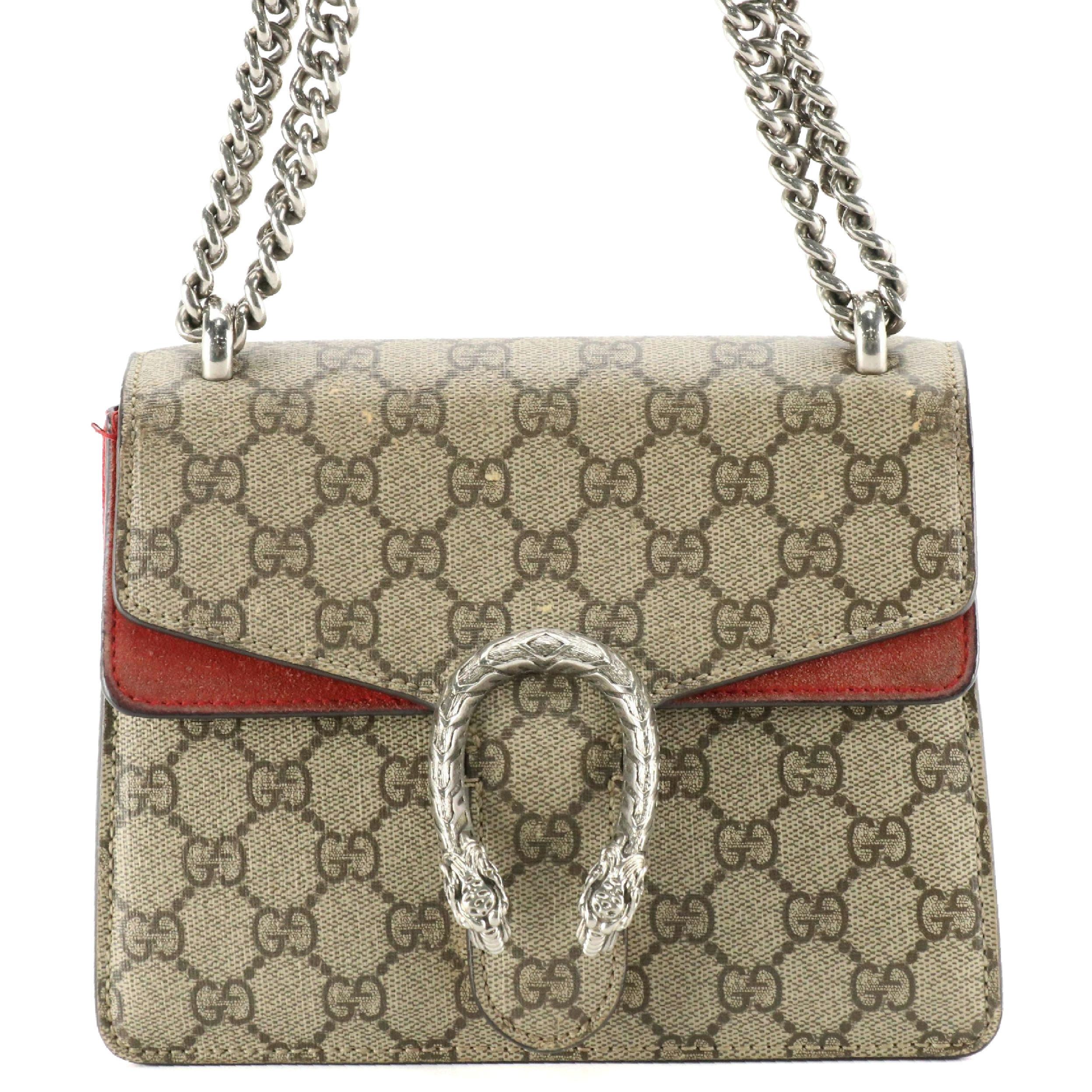 Gucci Small Dionysus Shoulder Bag in GG Supreme Canvas and Red Suede