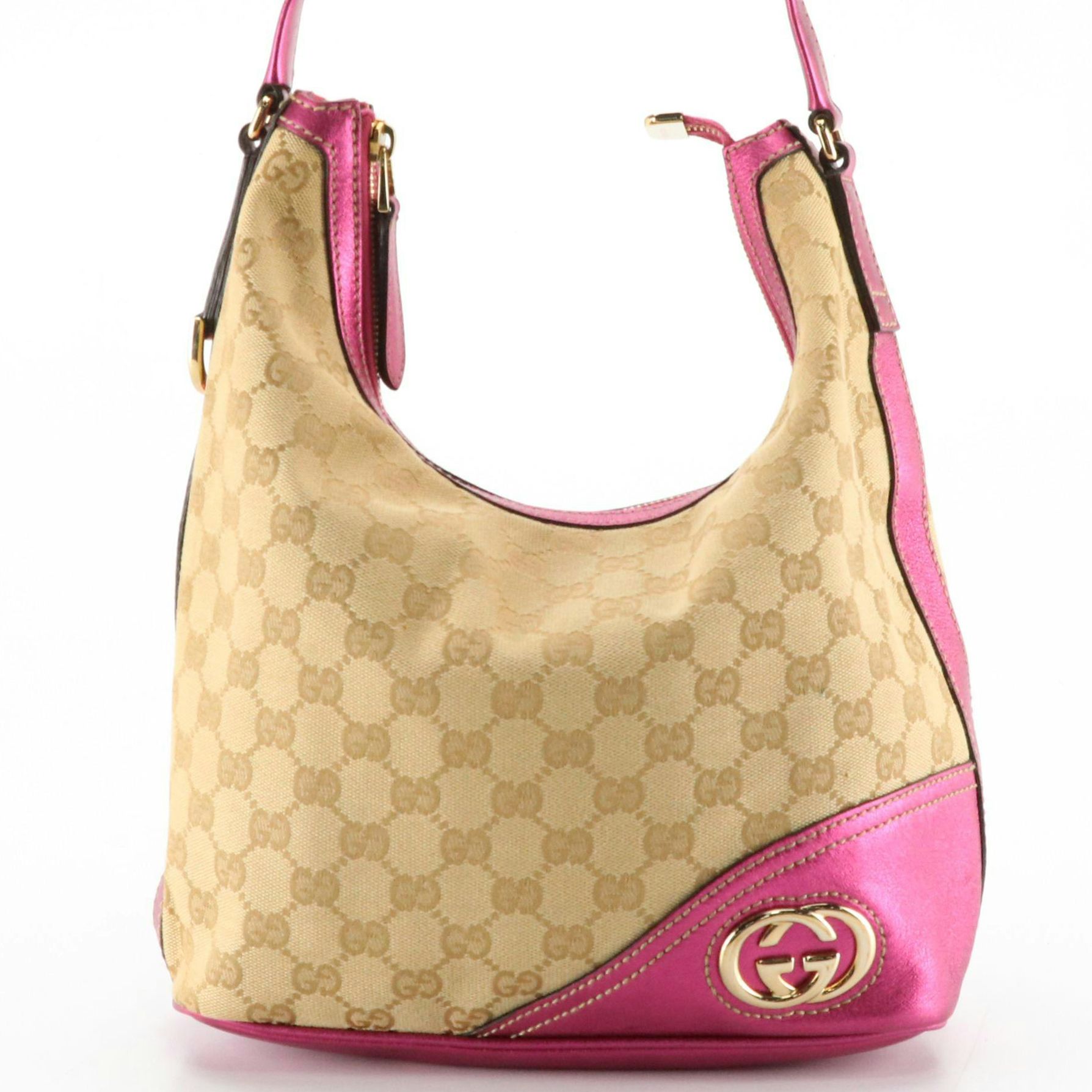 Gucci Britt Hobo Shoulder Bag in Brown GG Canvas and Metallic Pink Leather Trim