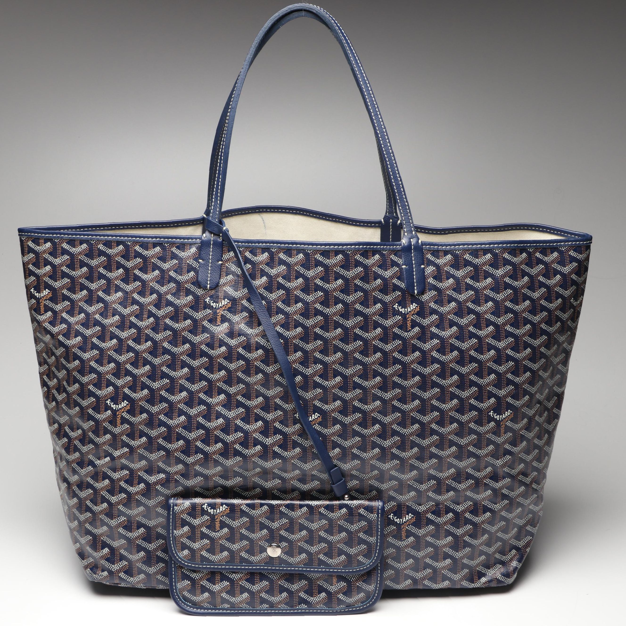 Goyard Saint Louis GM Tote and Pouch in Blue Goyardine Canvas with Calfskin Trim