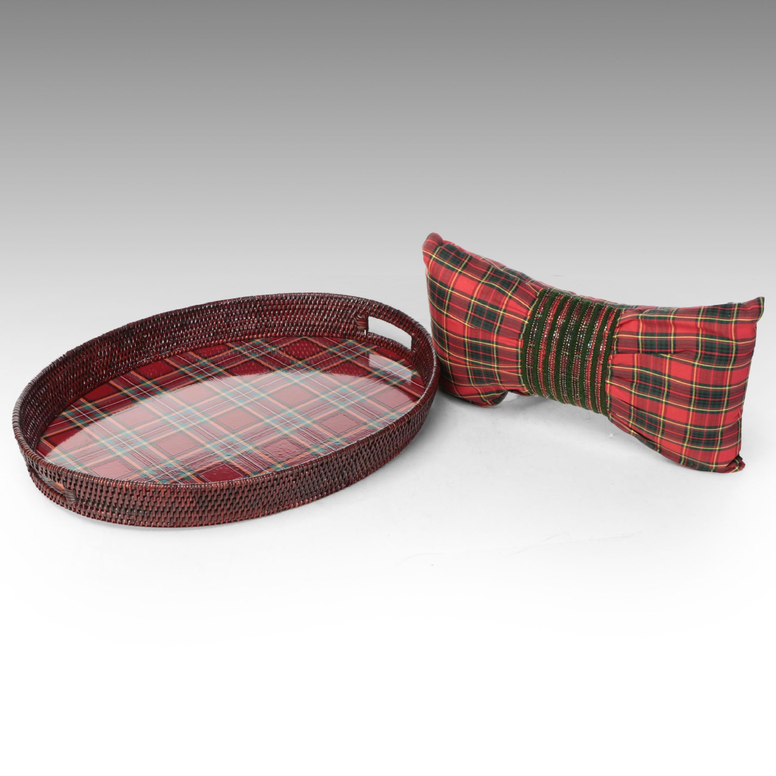 MacKenzie-Childs Tartan Bow Pillow and Large Oval Wicker Serving Tray