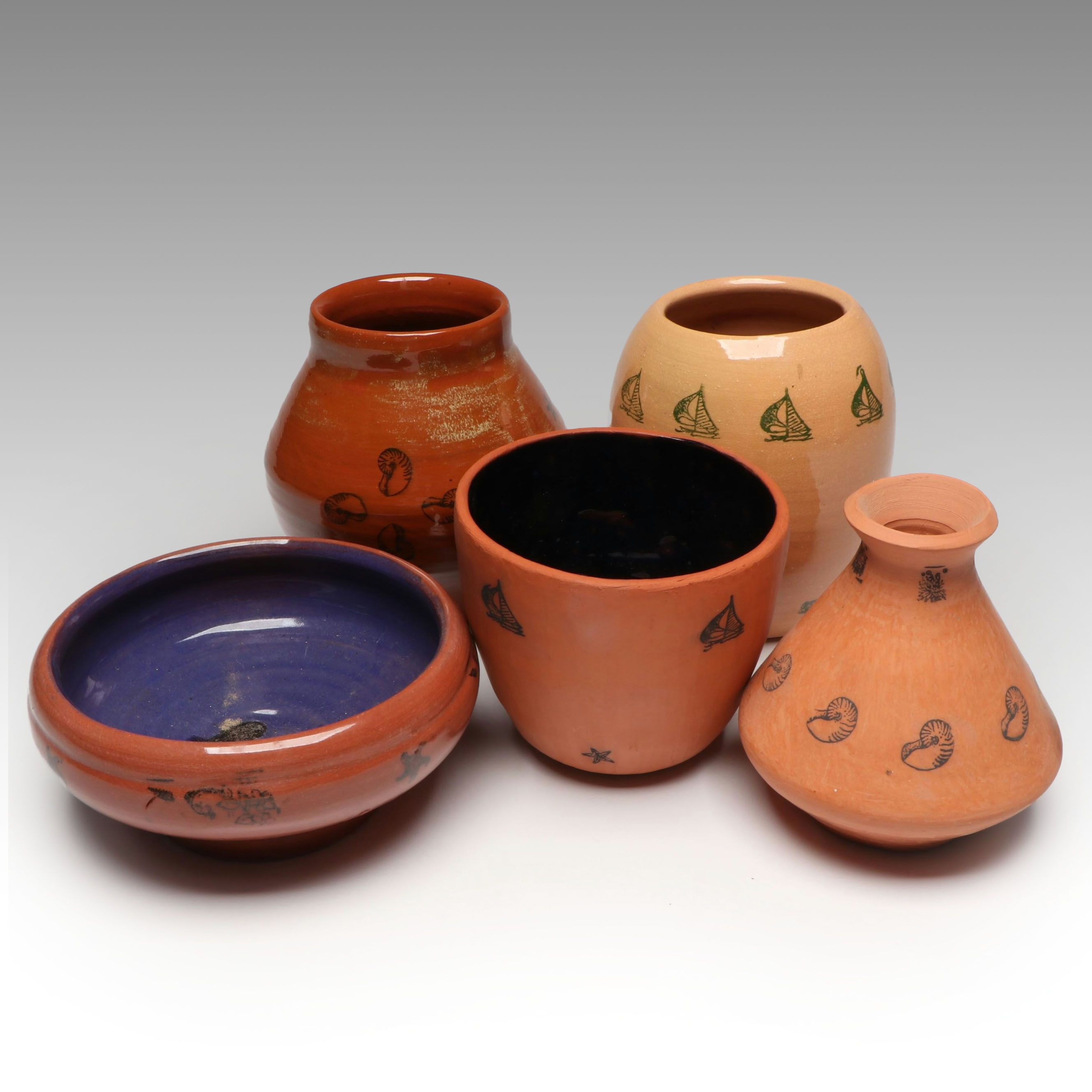 William Lutz Stamped Pattern Ceramic Vases and Planters