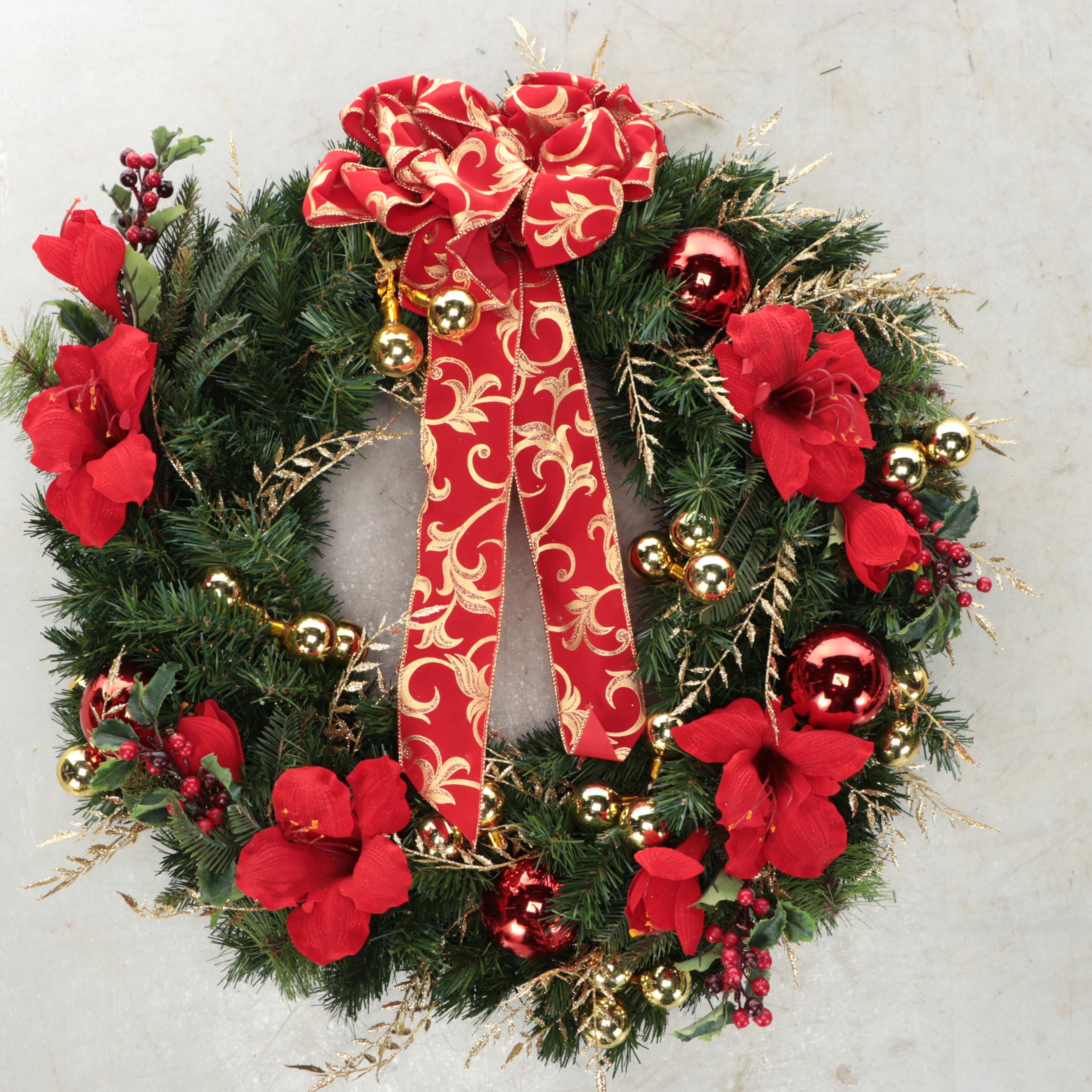 Artificial Evergreen and Poinsettia Christmas Wreaths