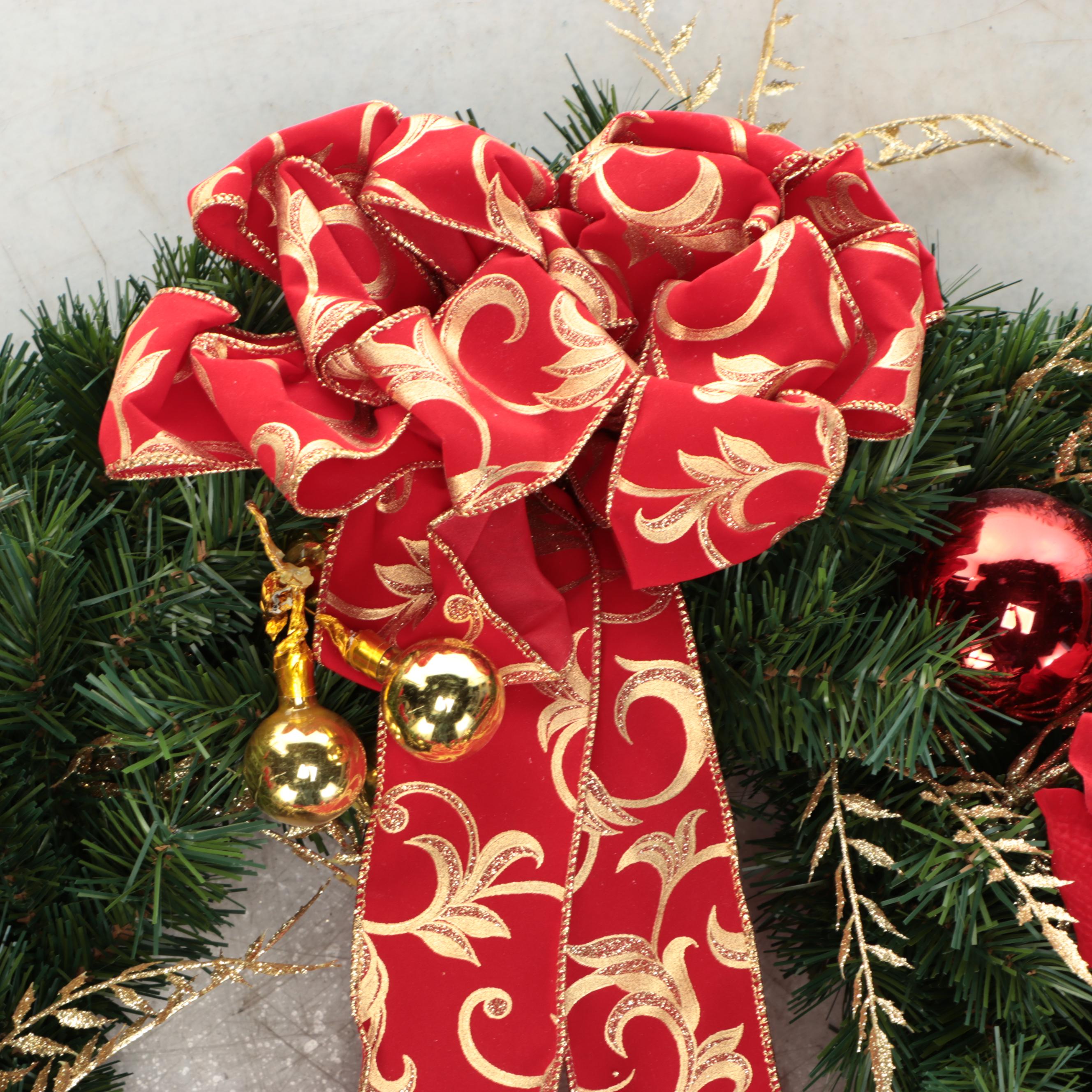 Artificial Evergreen and Poinsettia Christmas Wreaths