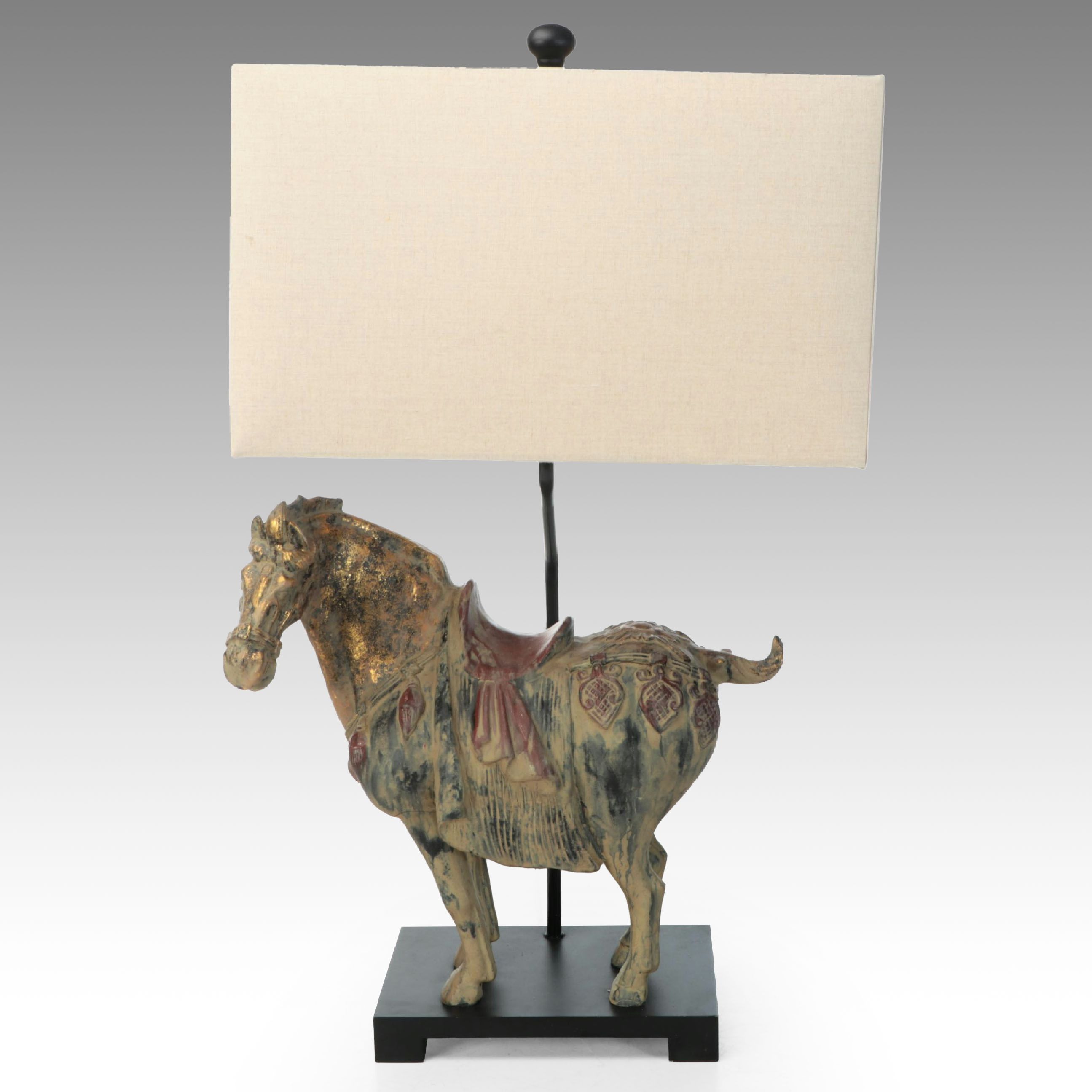 Chinese Tang Style Parcel-Gilt Polychrome Plaster Horse Table Lamp