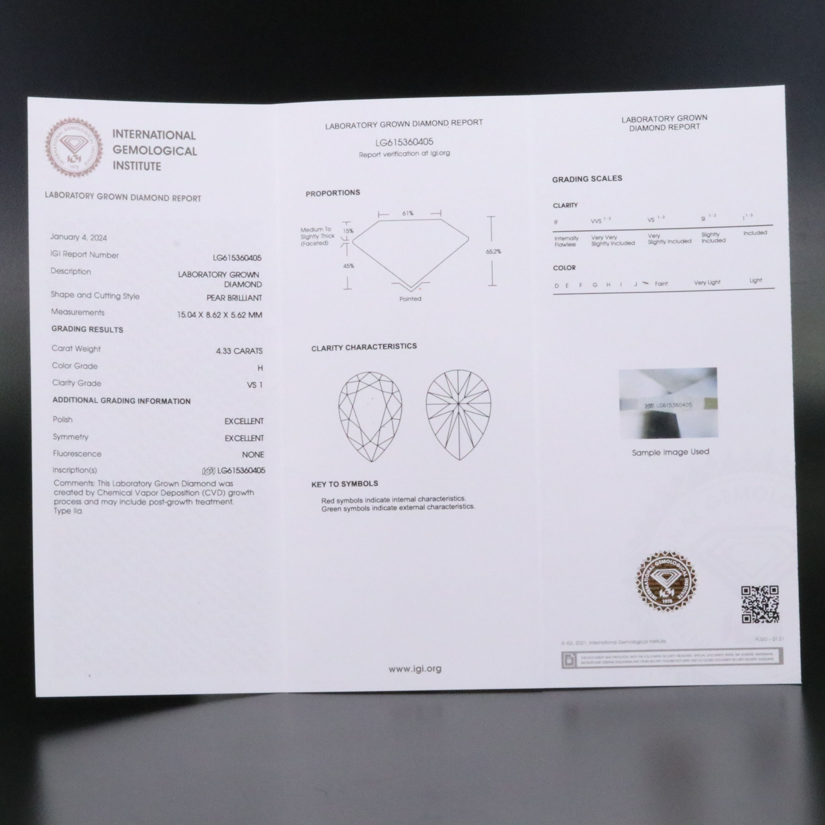Loose 4.33 CT Lab Grown Diamond with IGI Report