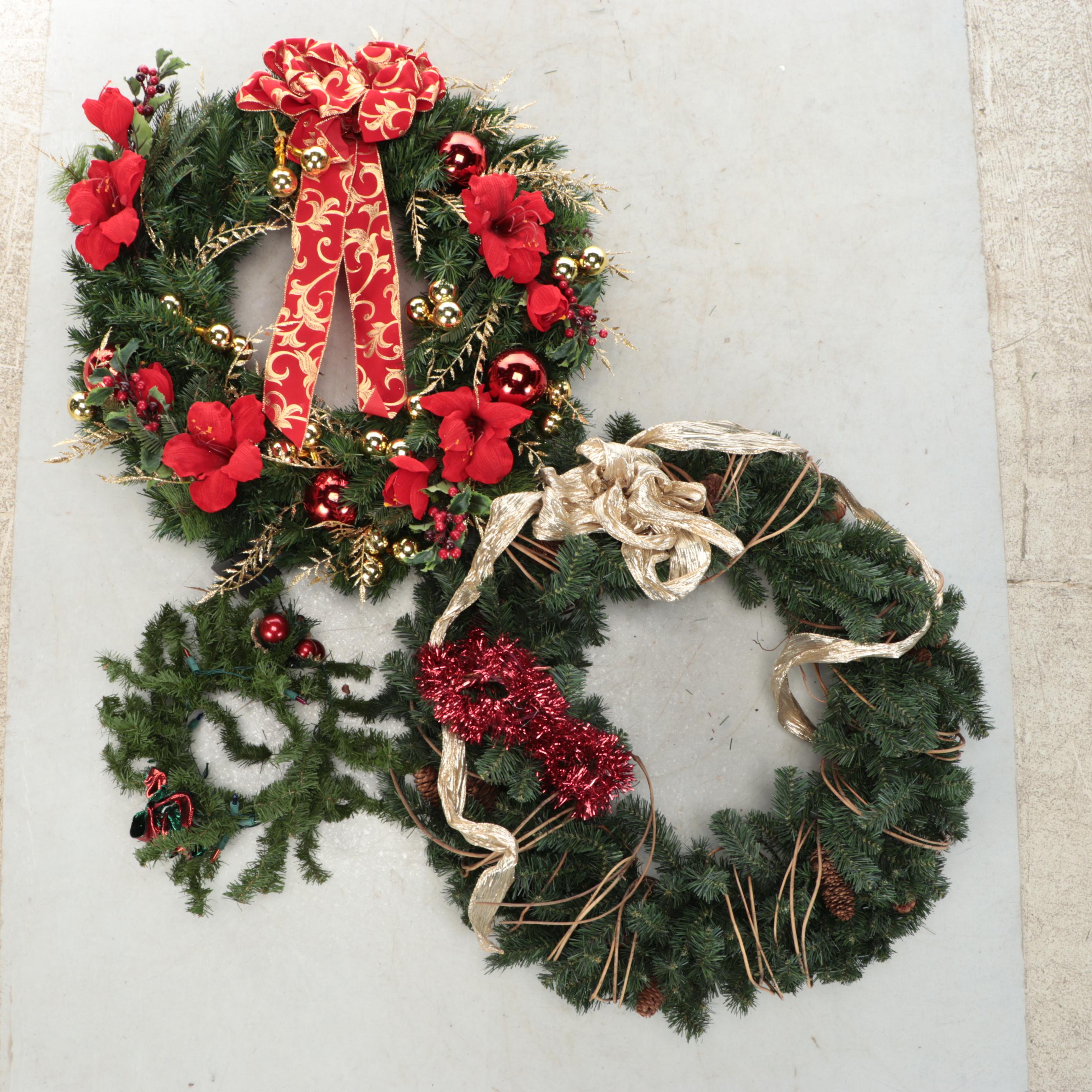 Artificial Evergreen and Poinsettia Christmas Wreaths