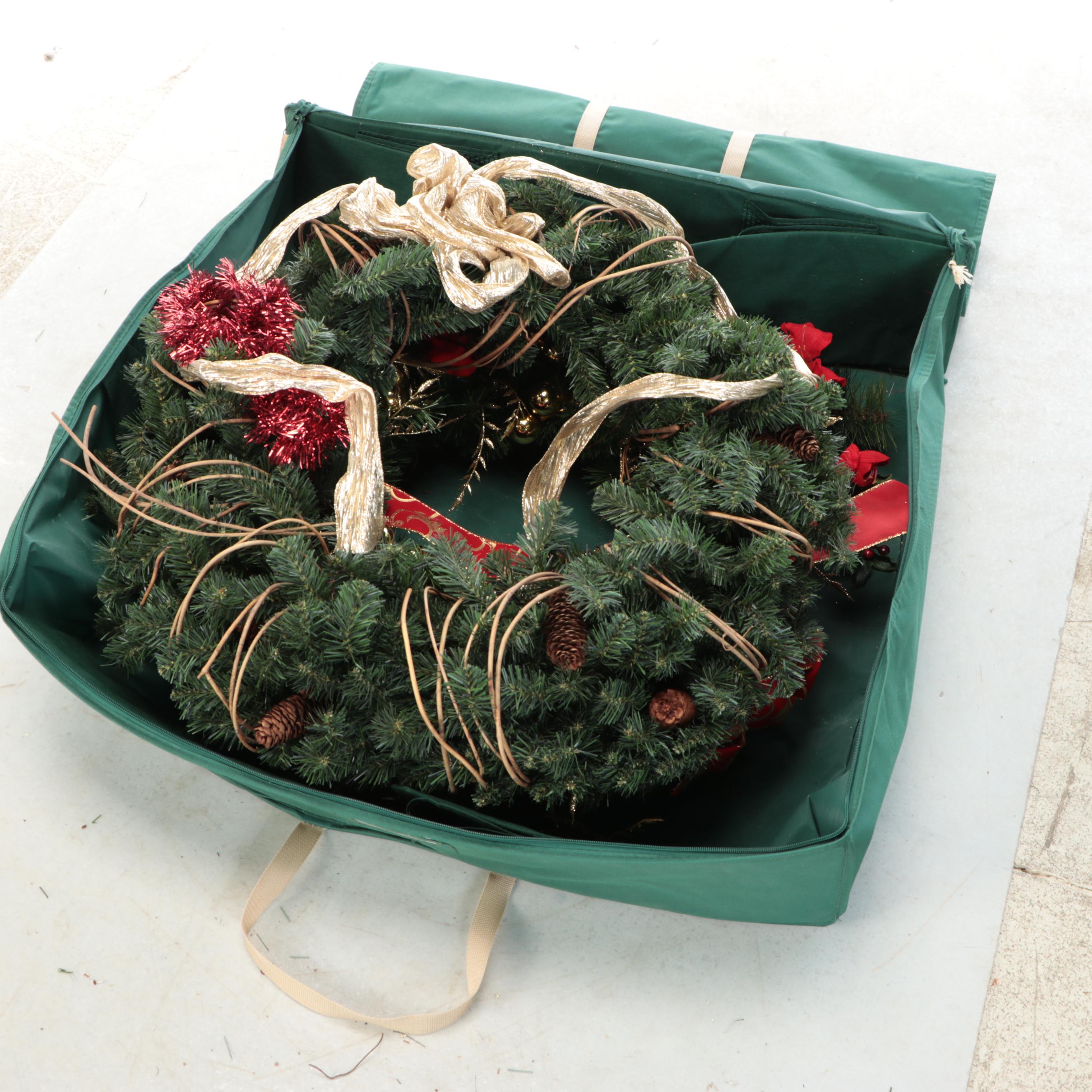 Artificial Evergreen and Poinsettia Christmas Wreaths