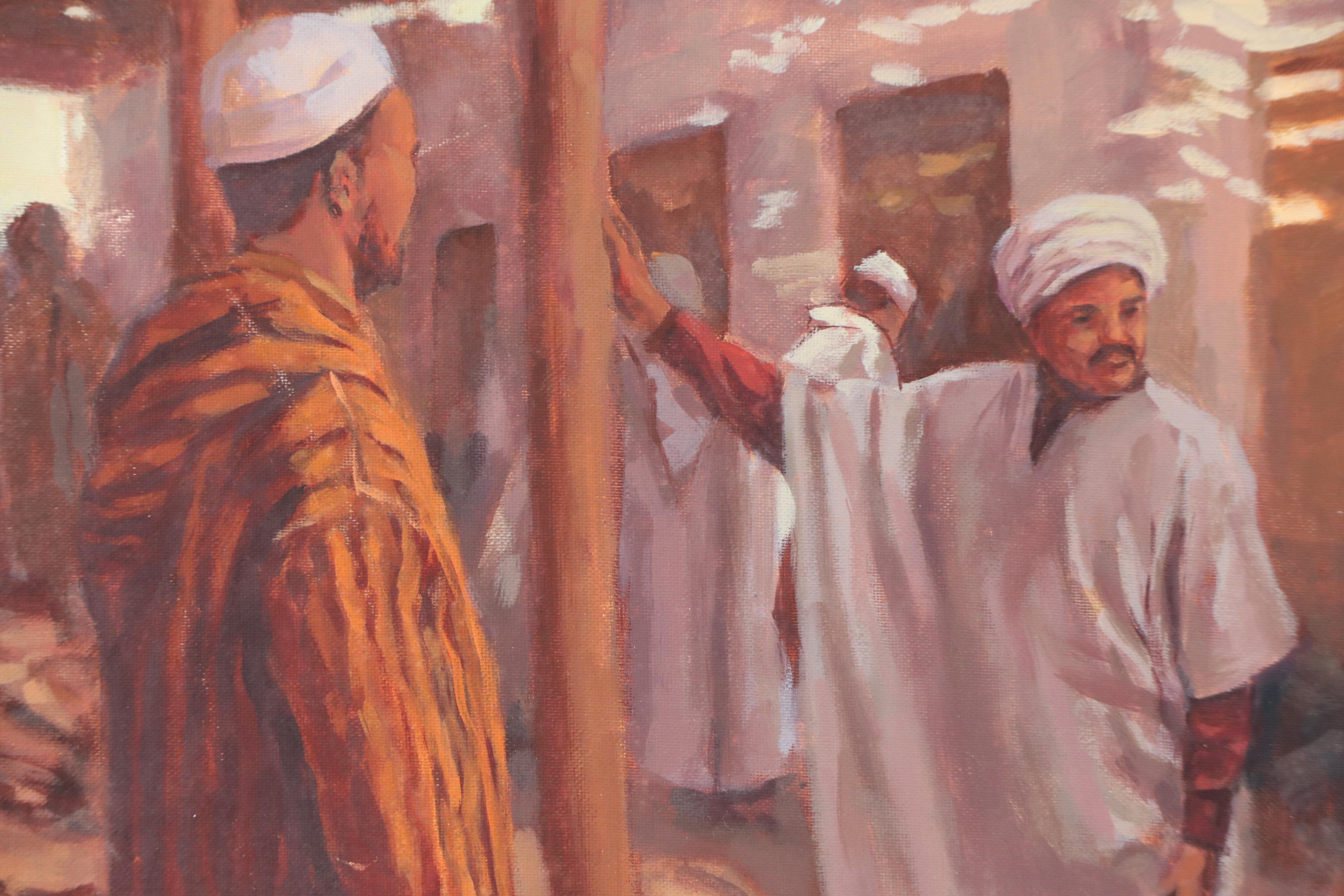 Reda Dennoun Oil Painting of North African Souk Scene, Late 20th Century