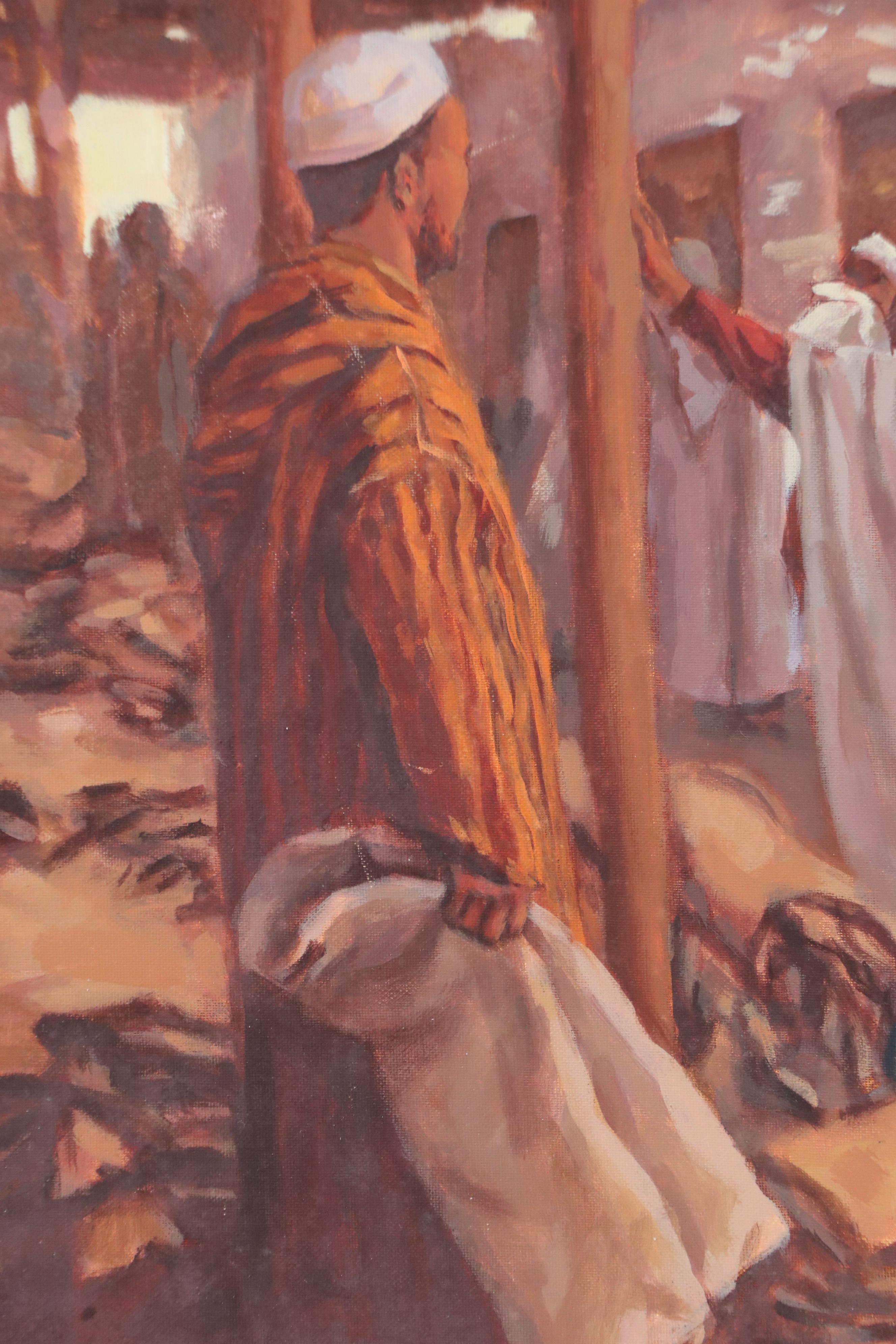 Reda Dennoun Oil Painting of North African Souk Scene, Late 20th Century