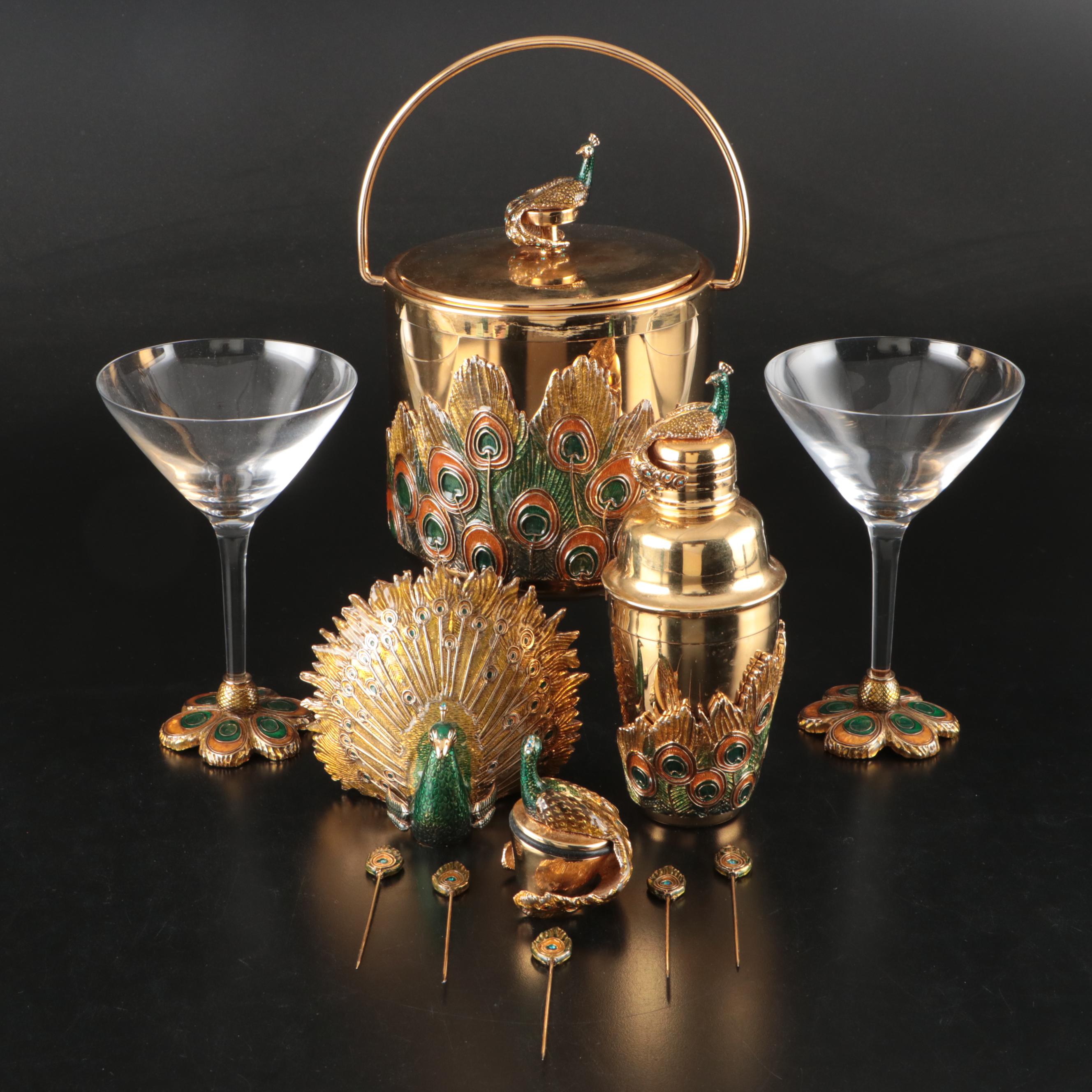 Peacock Ice Bucket, Cocktail Shaker, Martini Glasses, and More Barware