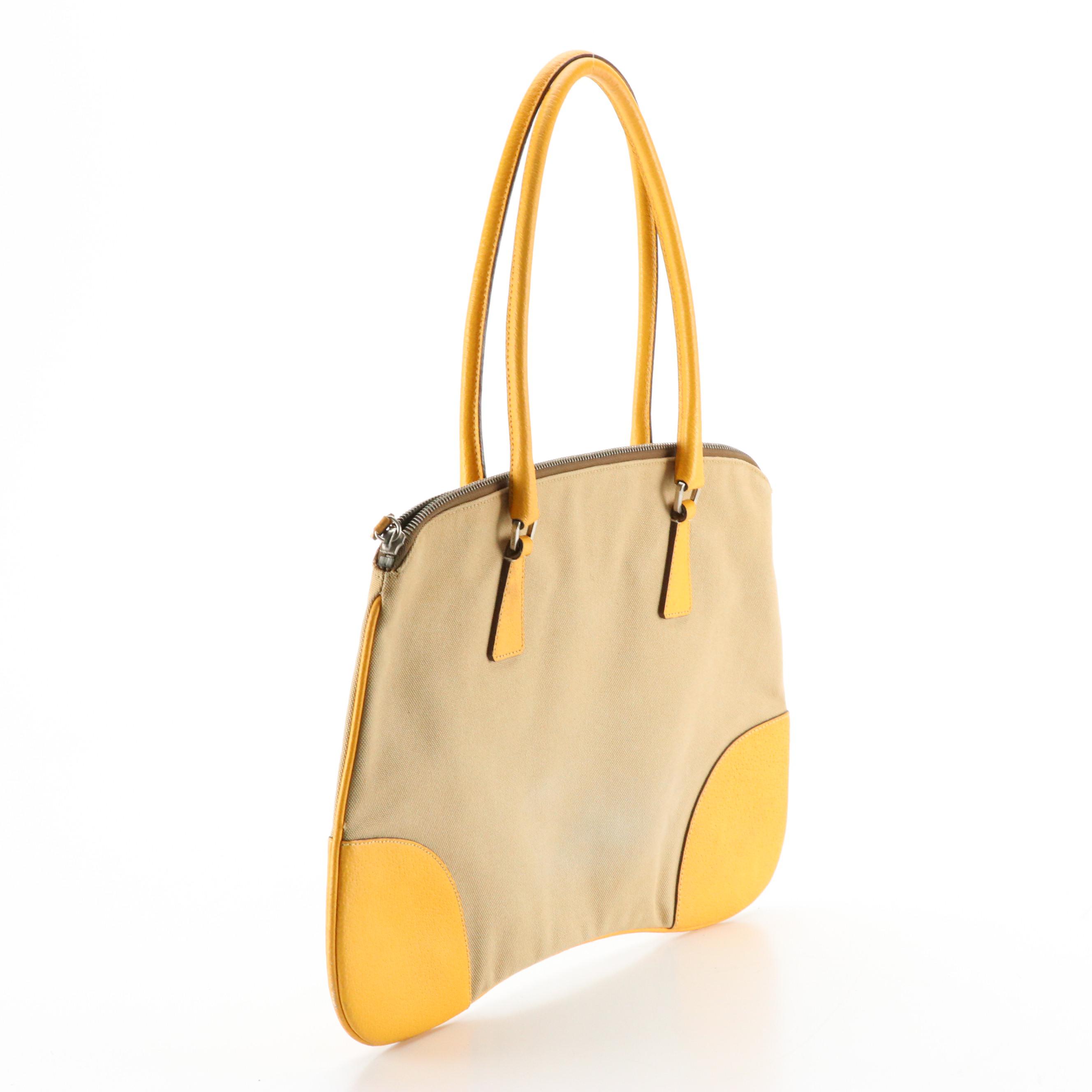 Prada Khaki Canapa Canvas and Yellow Cinghiale Leather Zip-Top Shoulder Bag