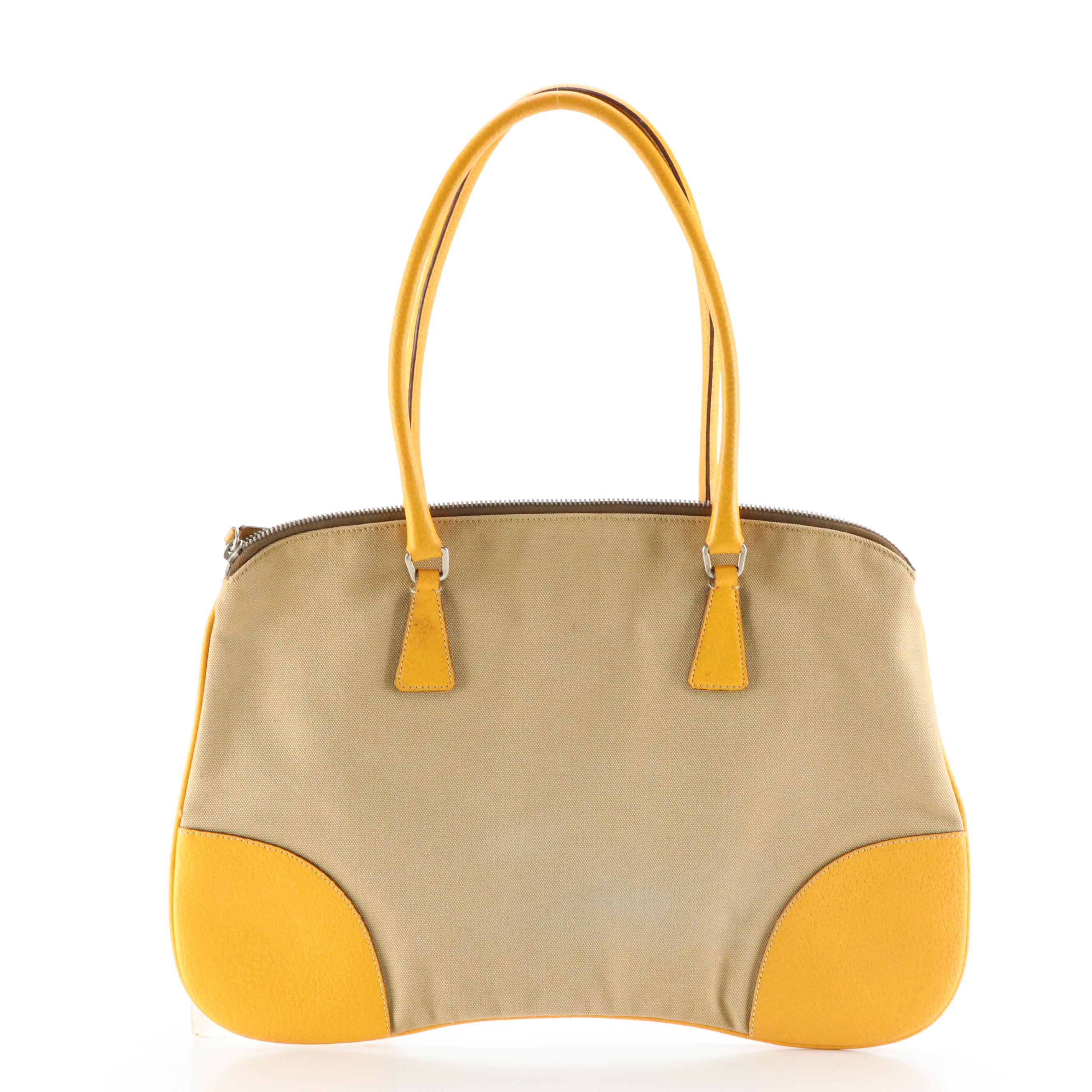 Prada Khaki Canapa Canvas and Yellow Cinghiale Leather Zip-Top Shoulder Bag