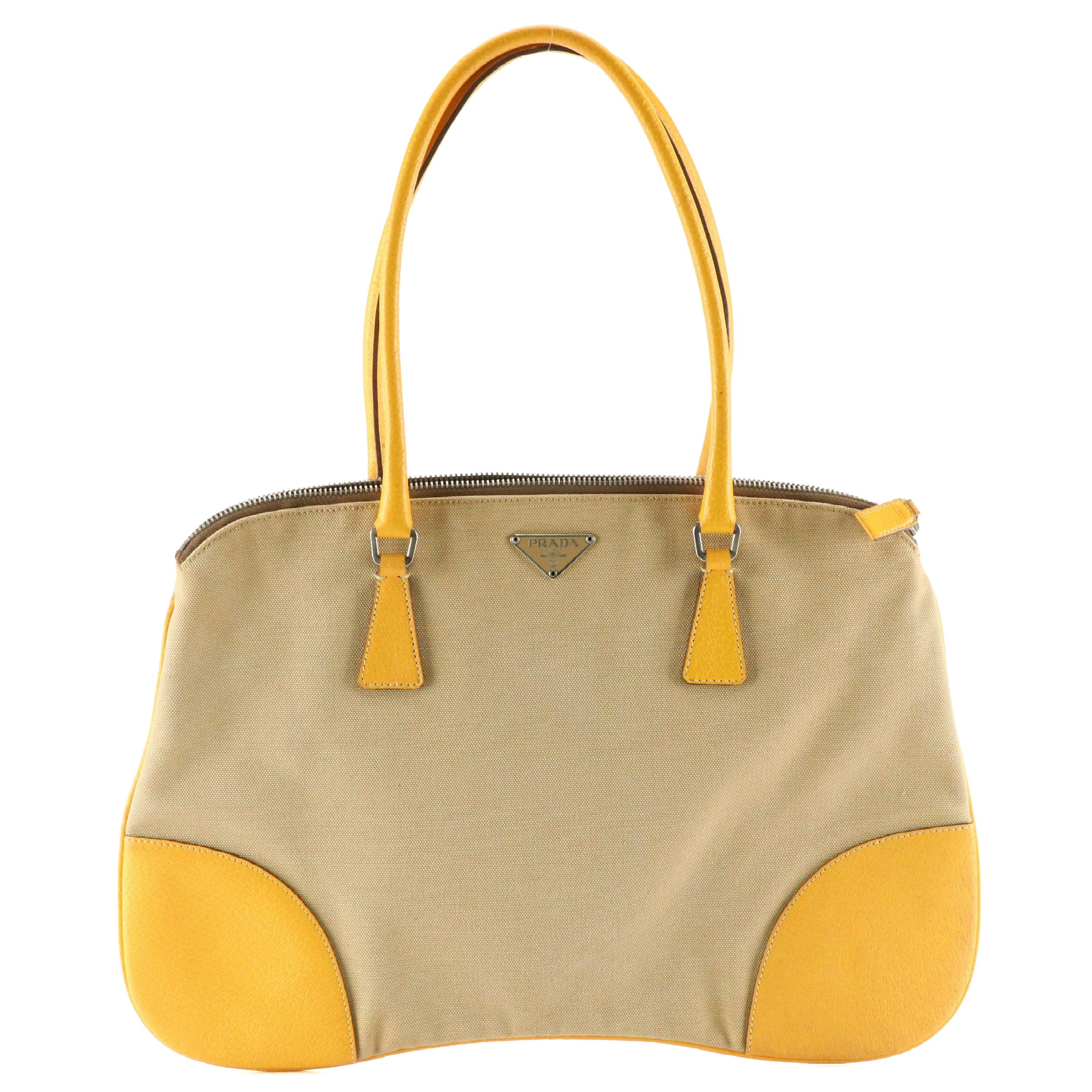 Prada Khaki Canapa Canvas and Yellow Cinghiale Leather Zip-Top Shoulder Bag