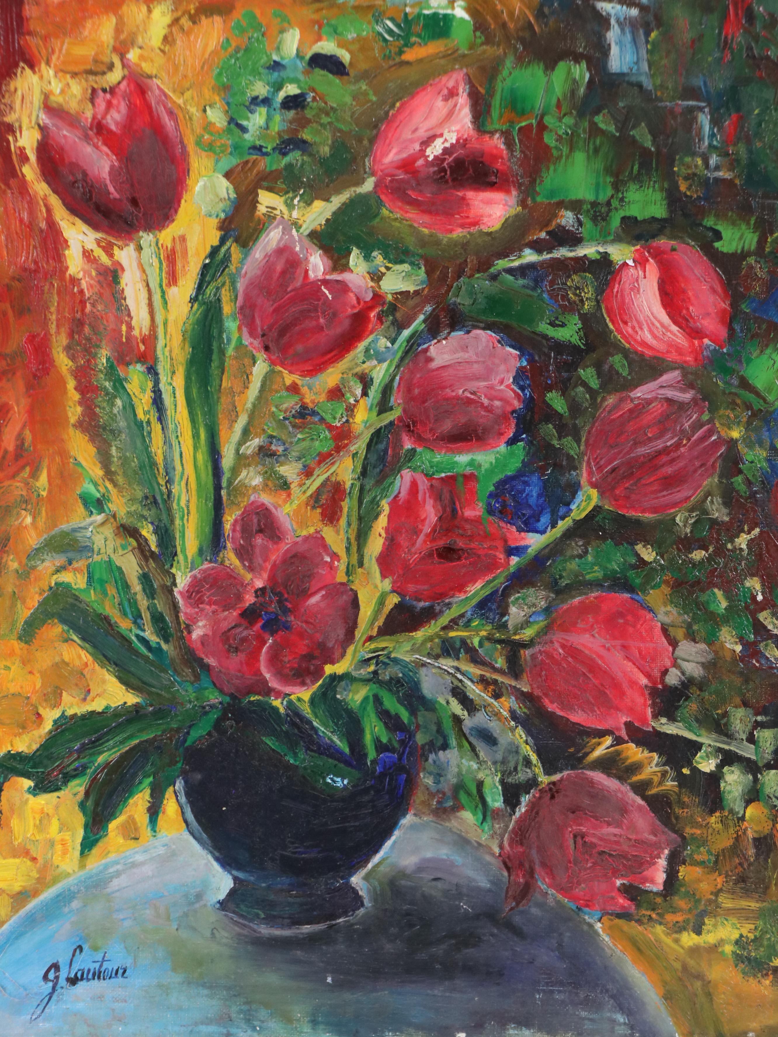 Germaine Lautour Oil Painting of Vase with Tulips, Mid-20th Century