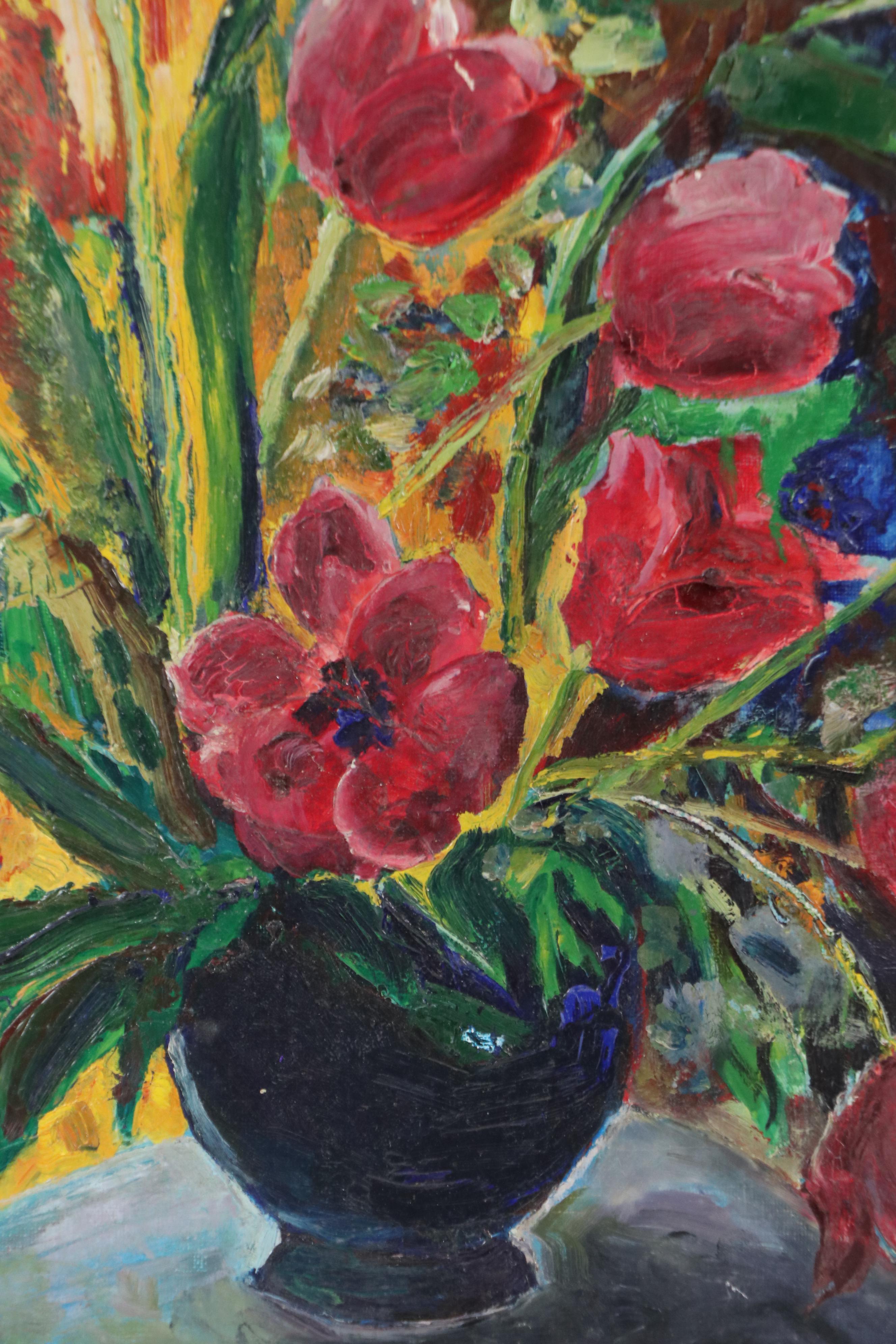 Germaine Lautour Oil Painting of Vase with Tulips, Mid-20th Century