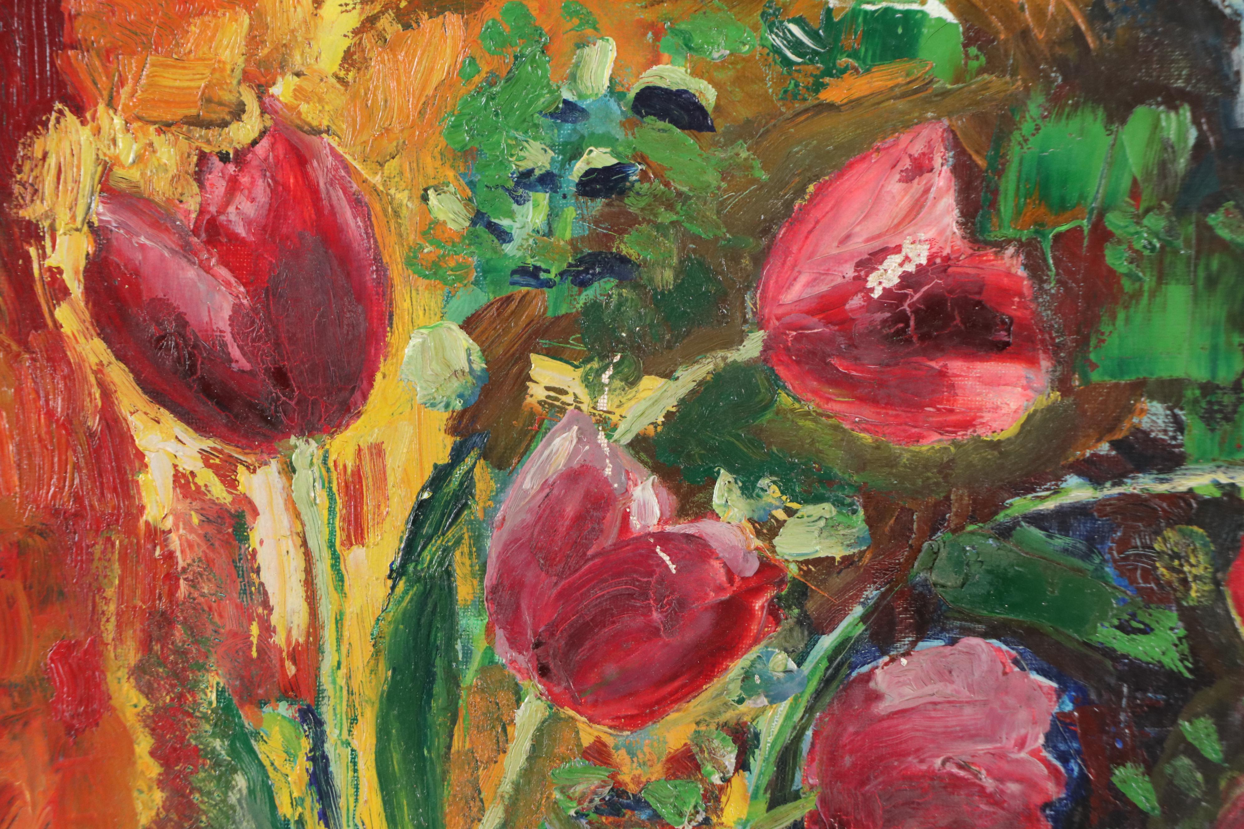 Germaine Lautour Oil Painting of Vase with Tulips, Mid-20th Century