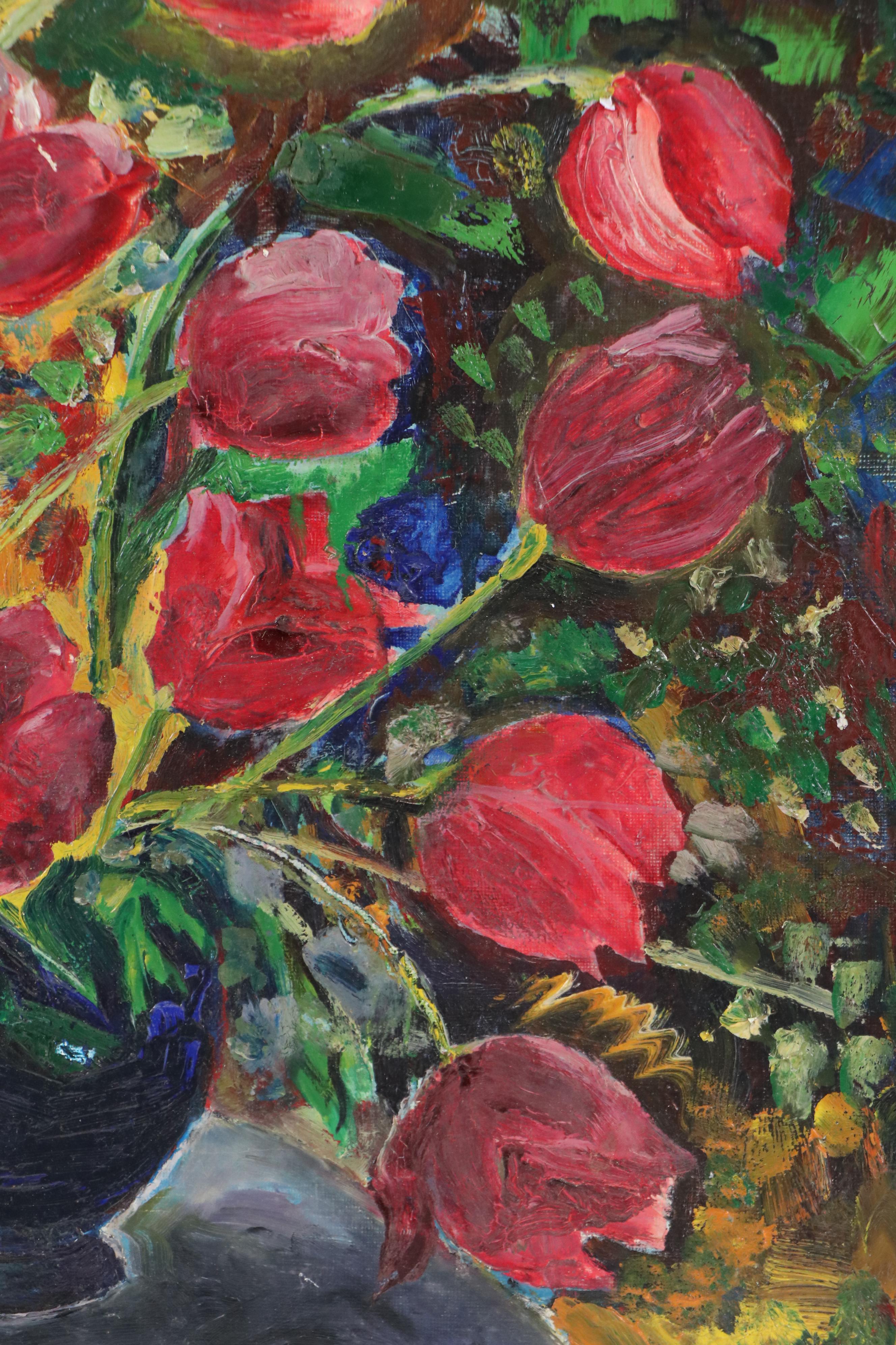 Germaine Lautour Oil Painting of Vase with Tulips, Mid-20th Century