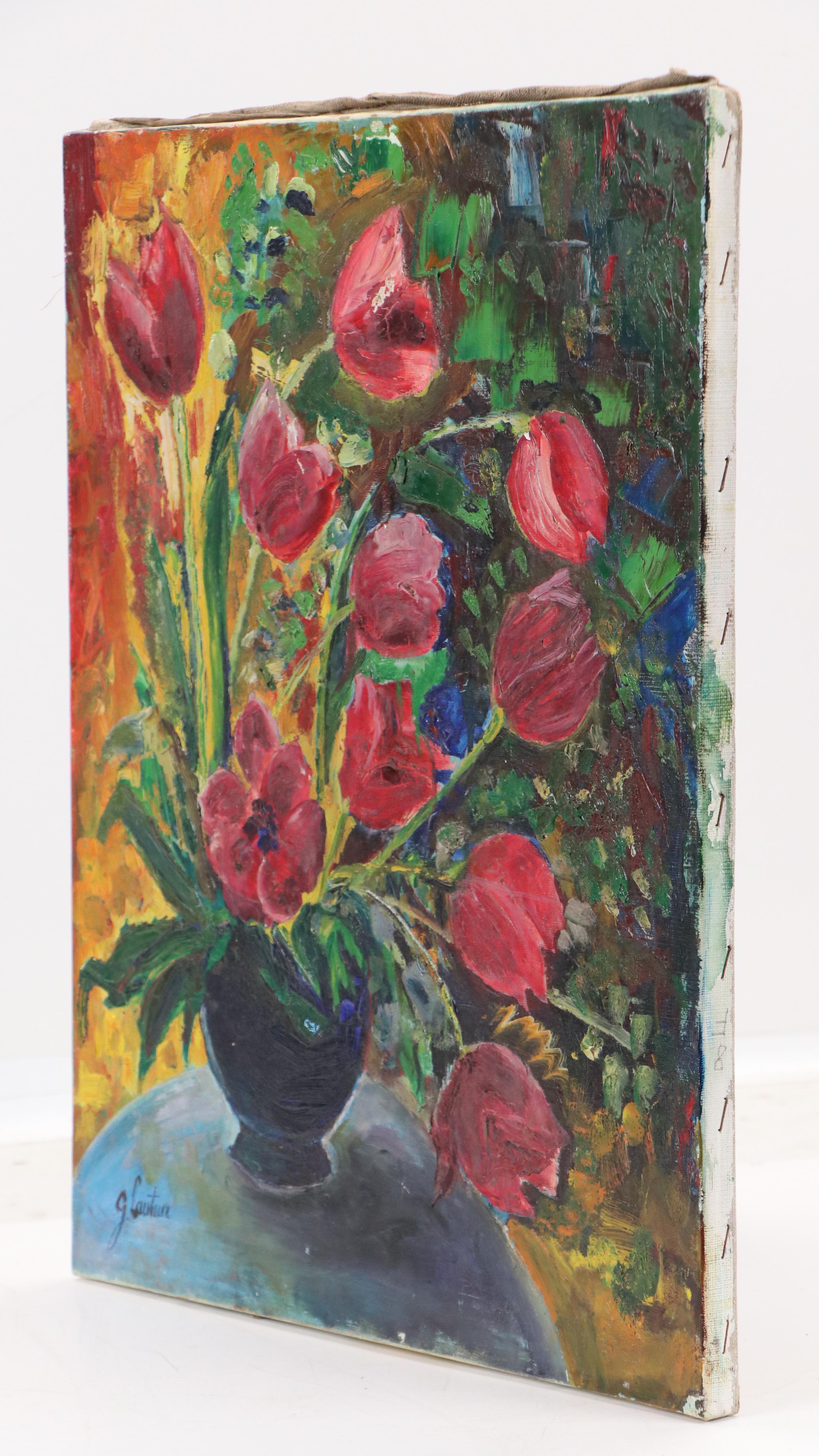 Germaine Lautour Oil Painting of Vase with Tulips, Mid-20th Century