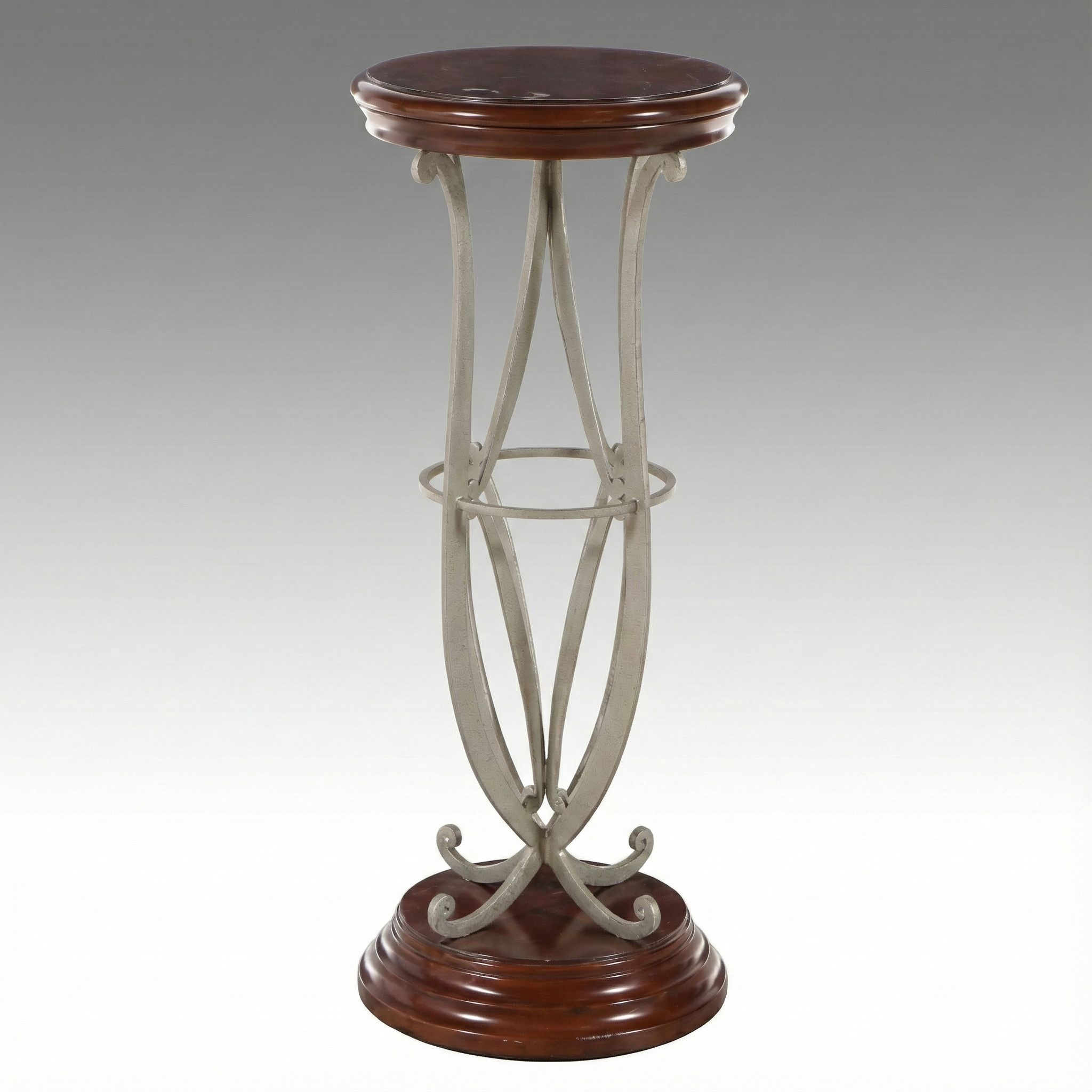 Modern Art Nouveau Style Mahogany and Scrolled Metal Pedestal