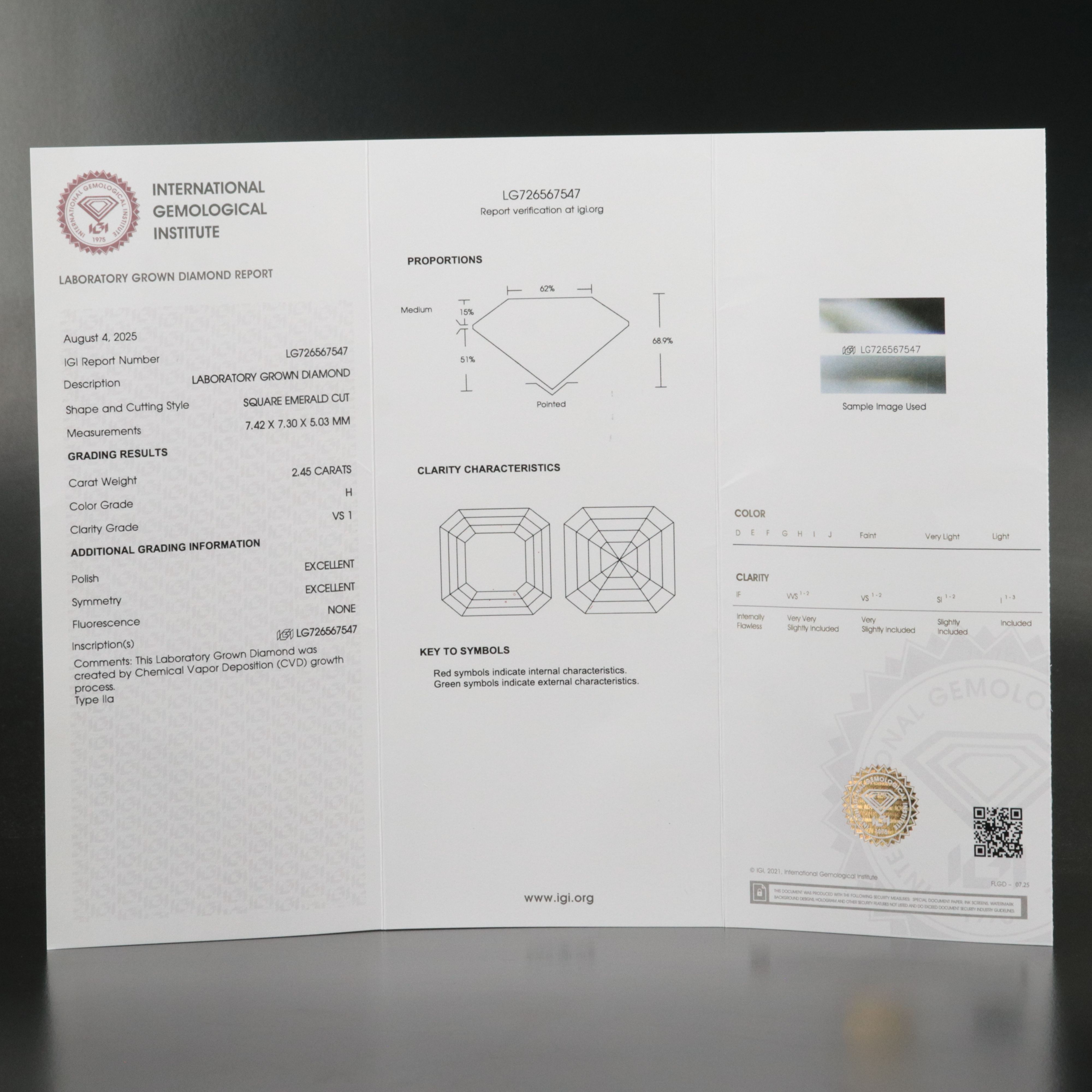 Loose 2.45 CT Lab Grown Diamond with IGI Report