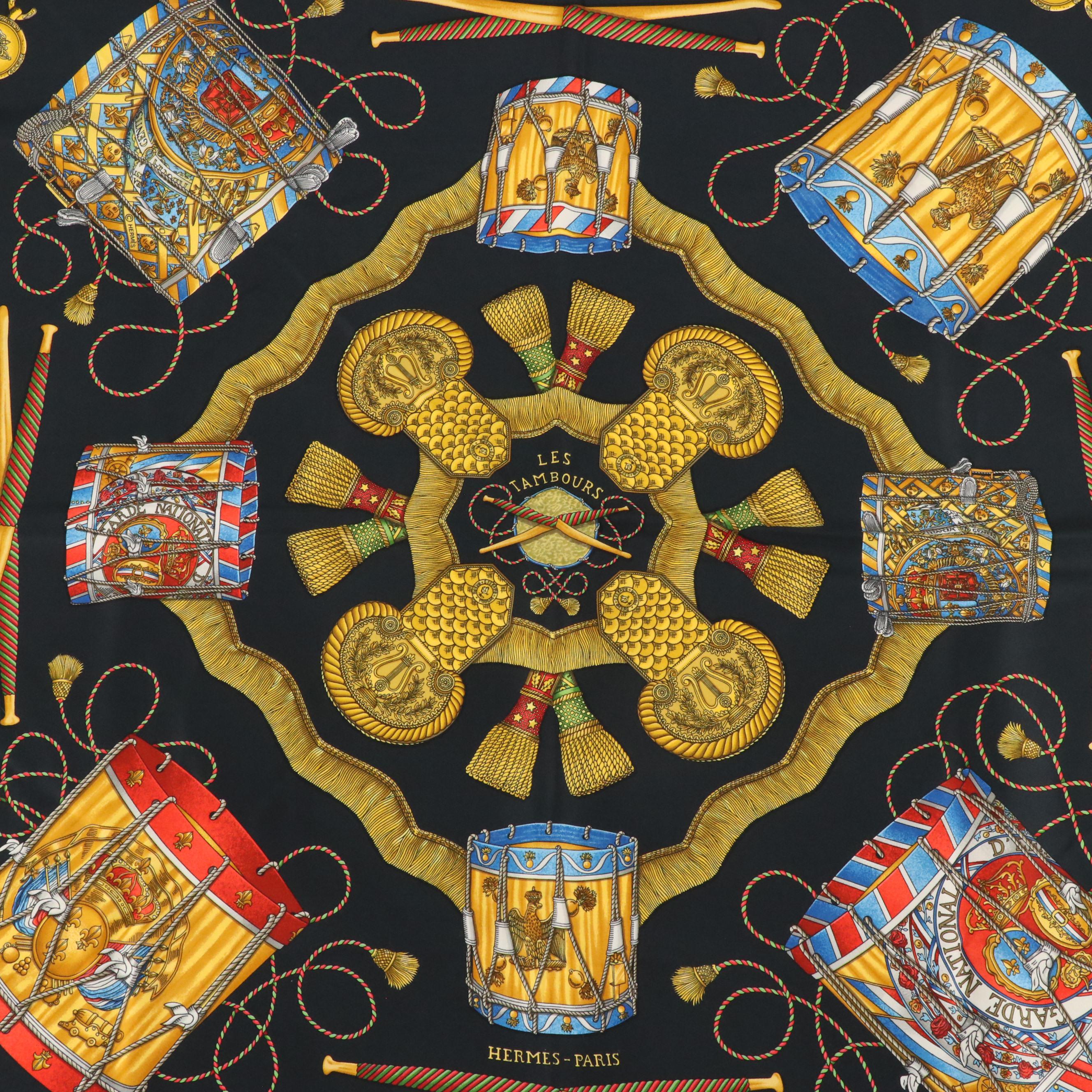 Hermès "Les Tambours" Scarf 90 in Silk Twill with Box