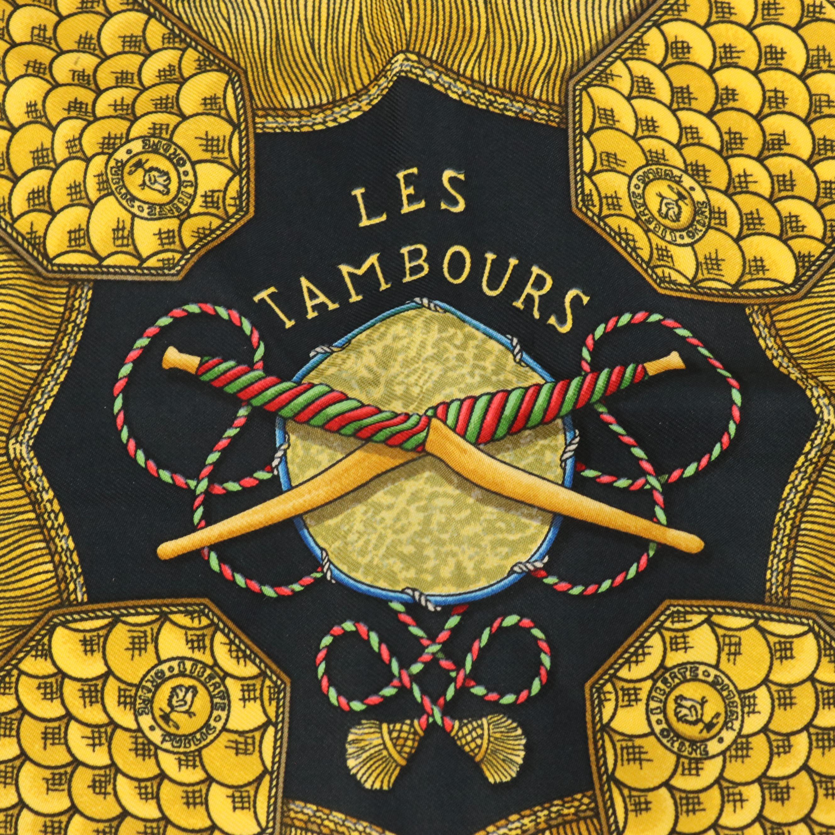 Hermès "Les Tambours" Scarf 90 in Silk Twill with Box