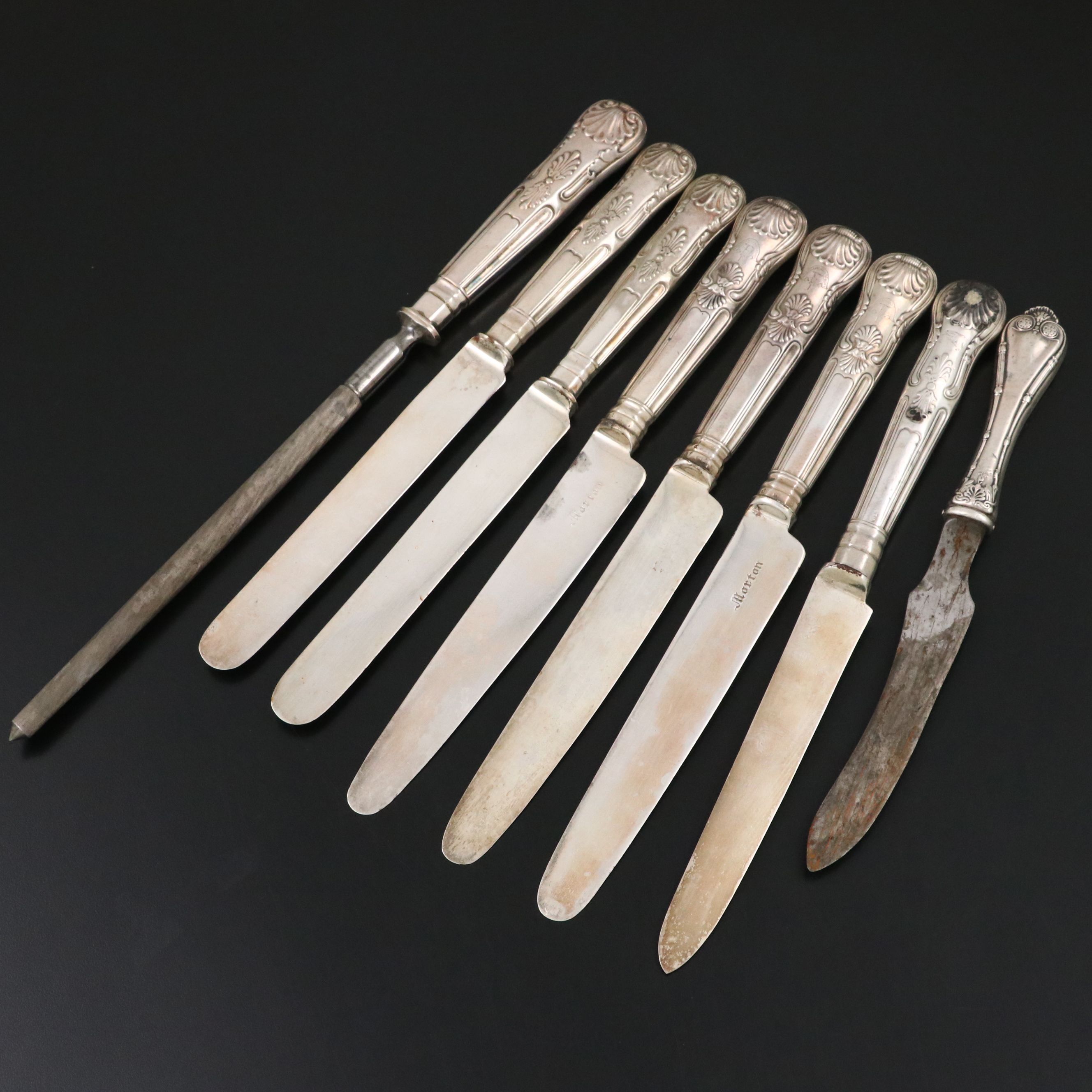 English "Kings" Sterling and Silver Plate Handled Knives and Sharpener