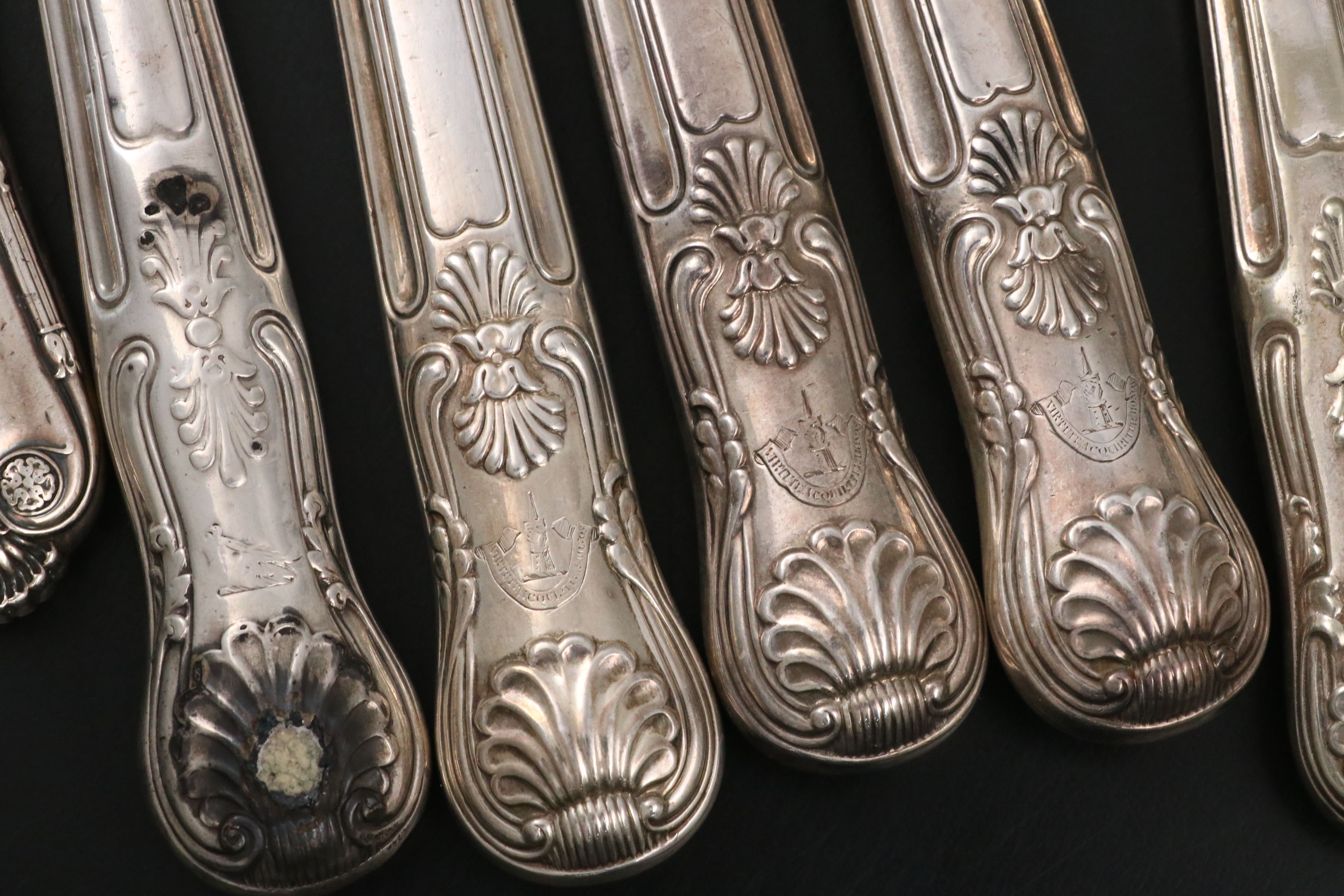 English "Kings" Sterling and Silver Plate Handled Knives and Sharpener