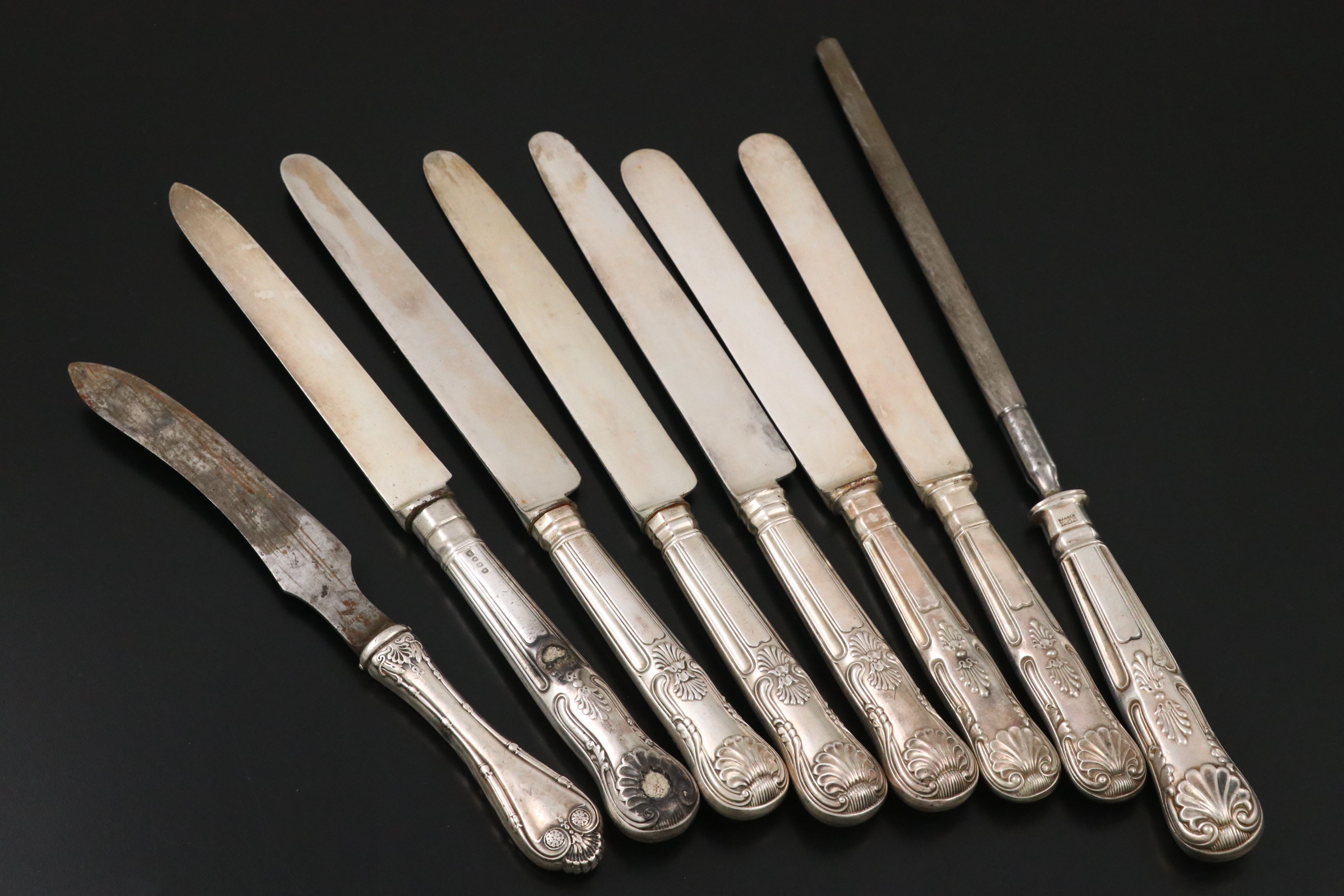 English "Kings" Sterling and Silver Plate Handled Knives and Sharpener