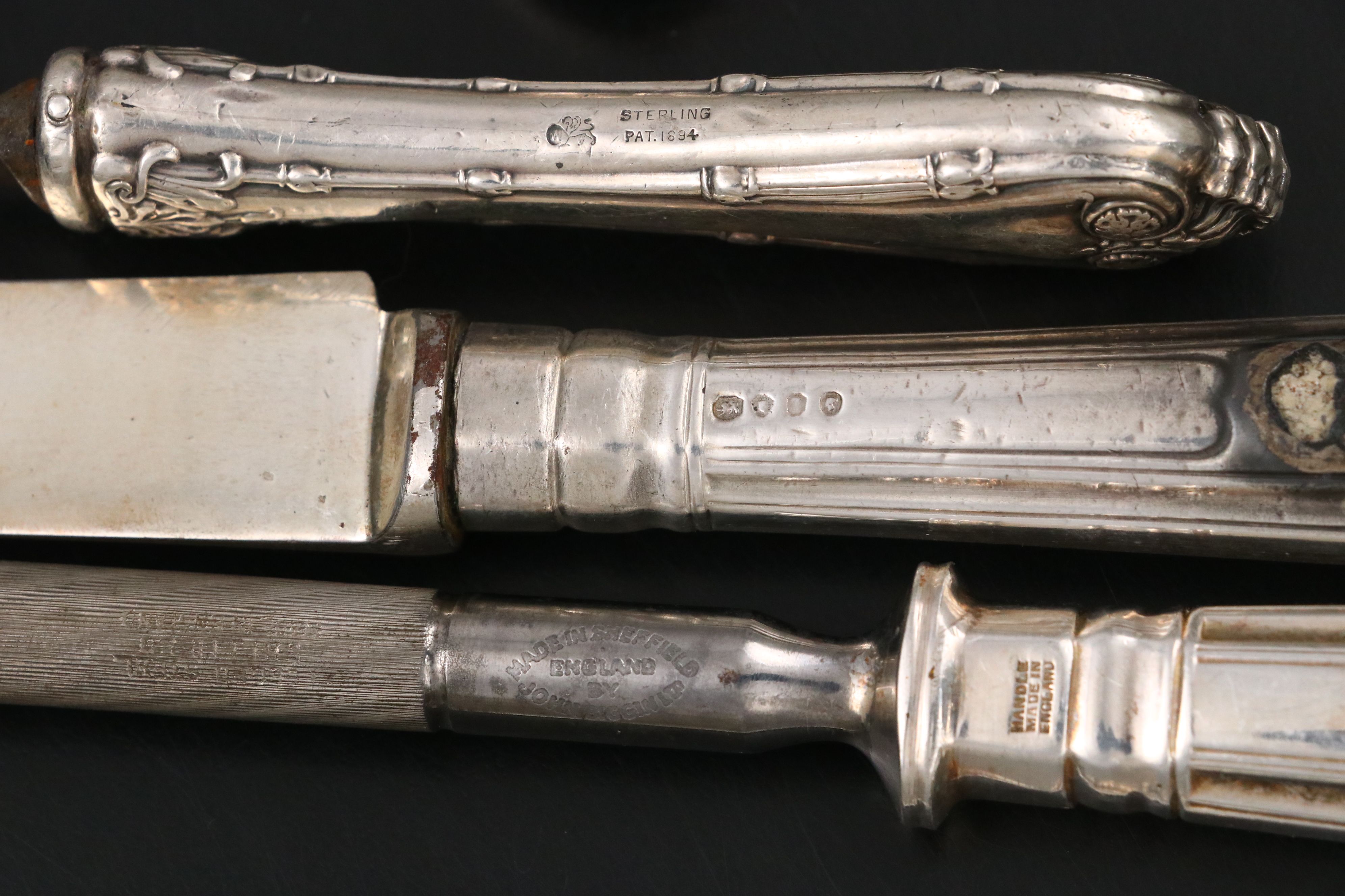 English "Kings" Sterling and Silver Plate Handled Knives and Sharpener