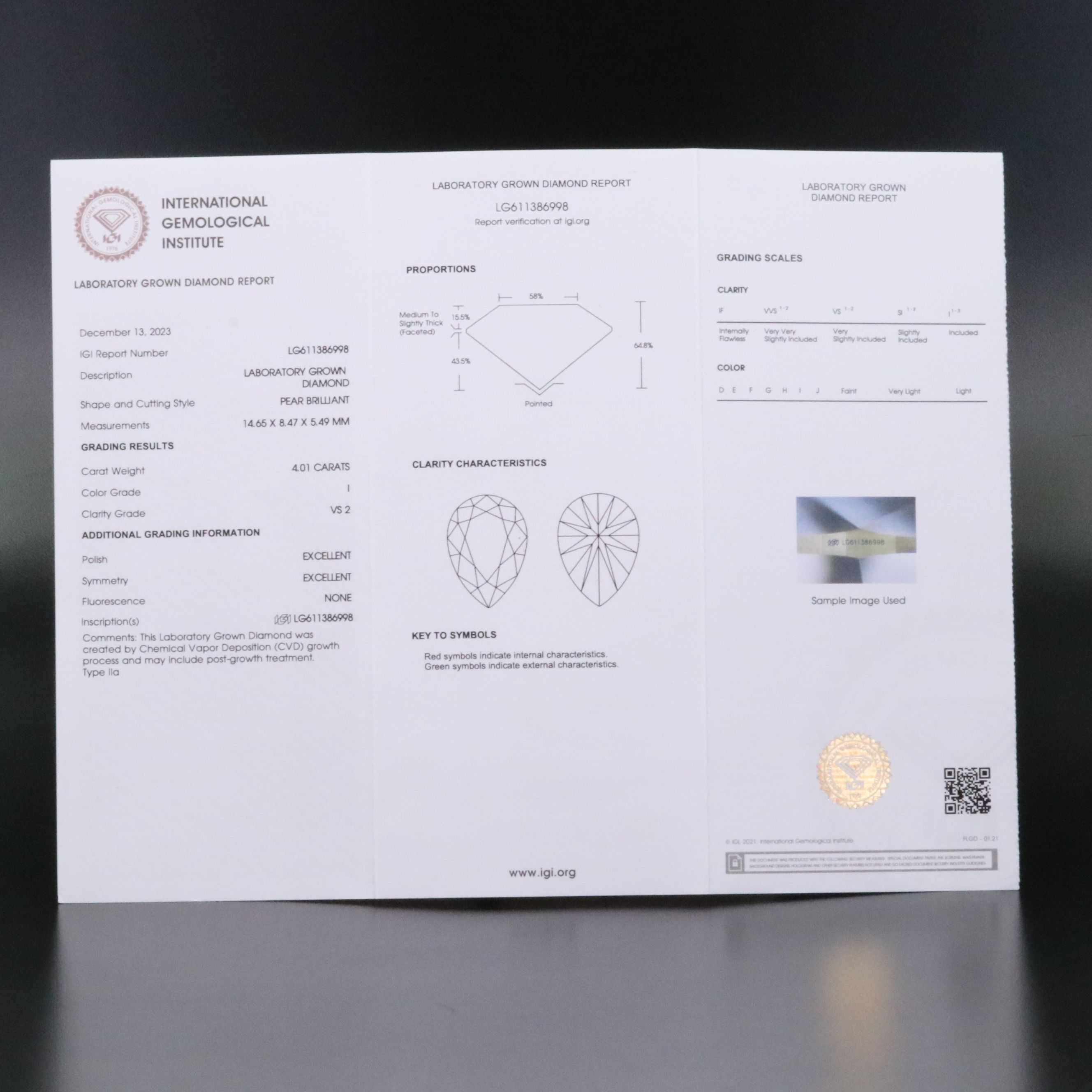 Loose 4.01 CT Lab Grown Diamond with IGI Report