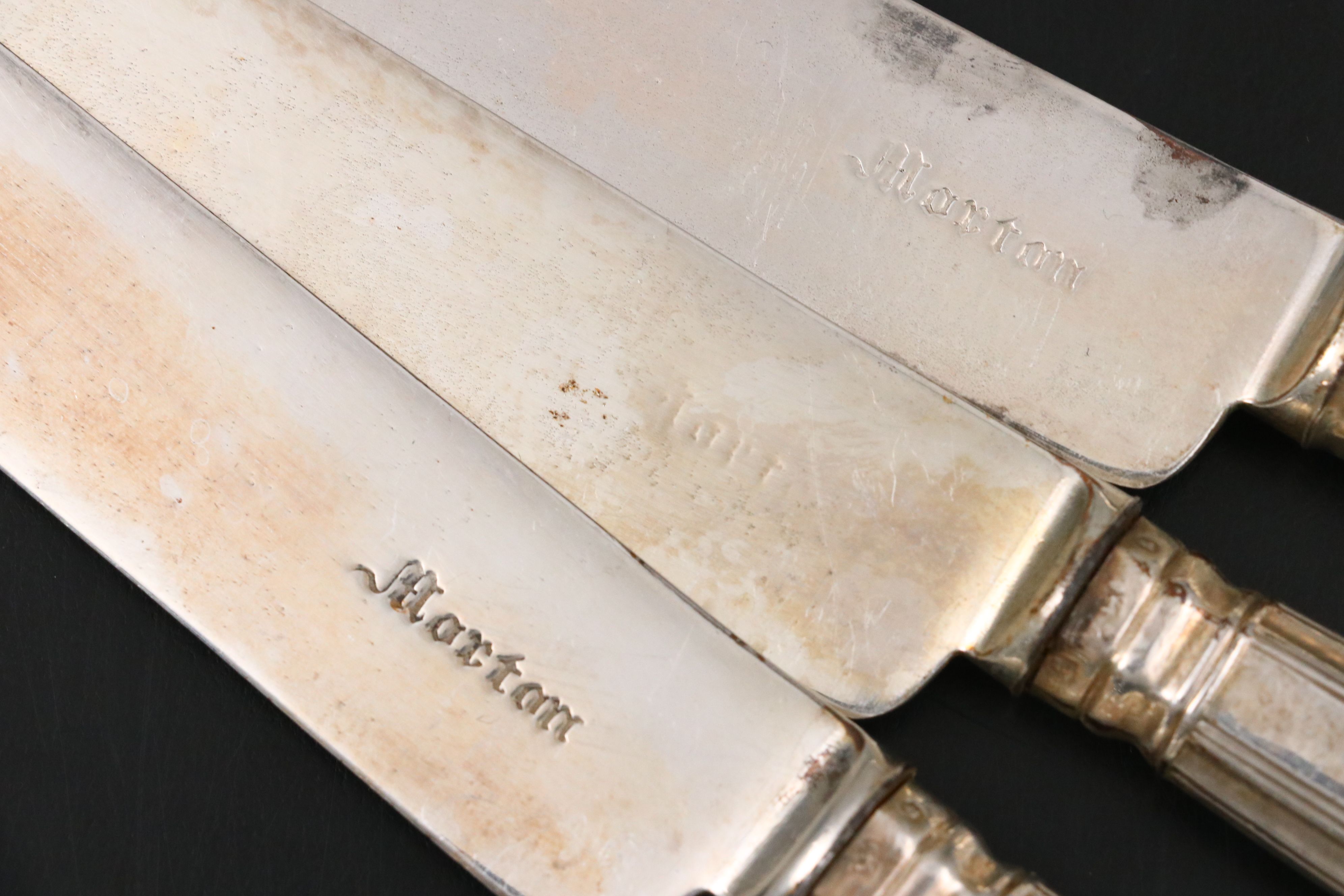 English "Kings" Sterling and Silver Plate Handled Knives and Sharpener