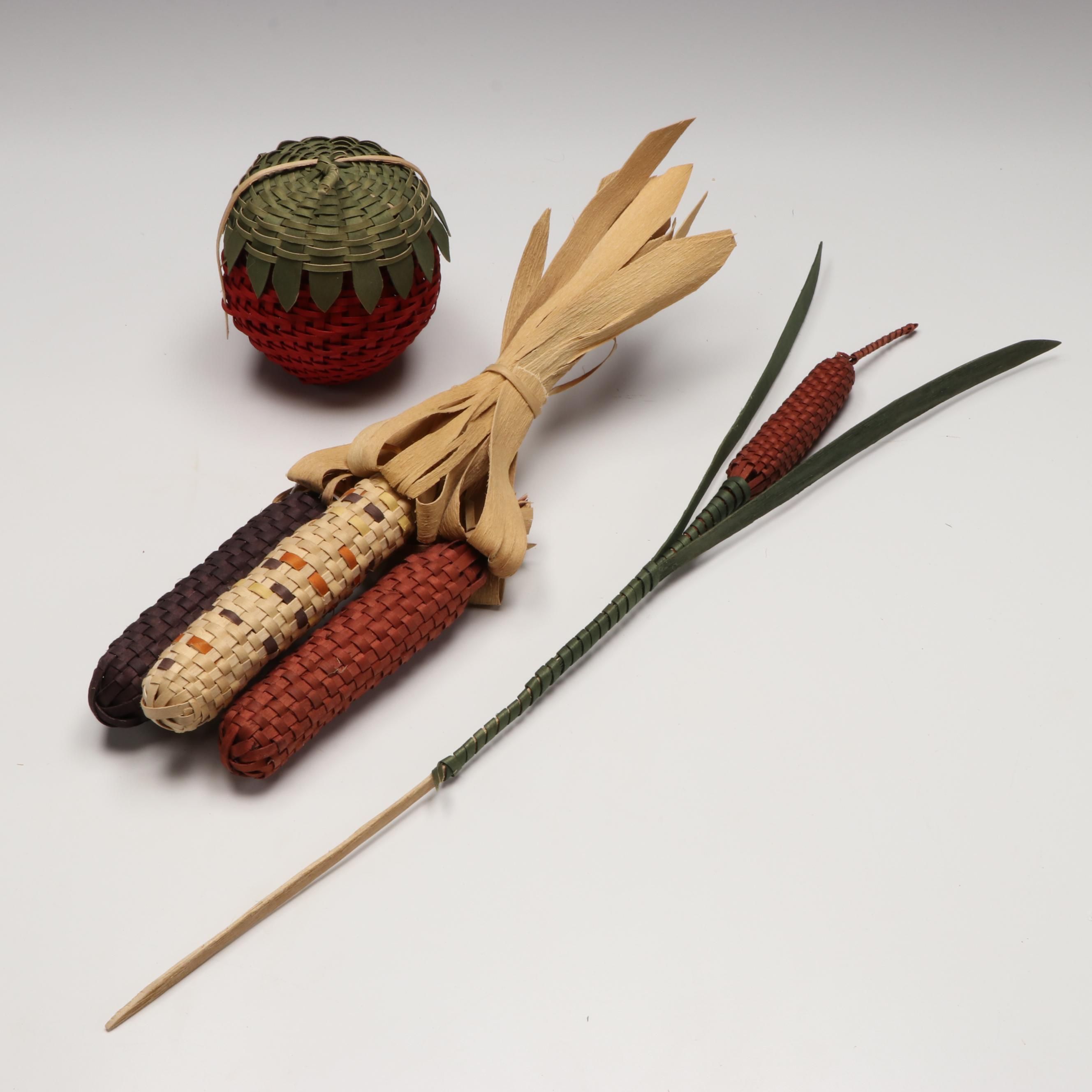 Sarah Turkey Odawa Woven Strawberry Vessel with Other Figural Basketry