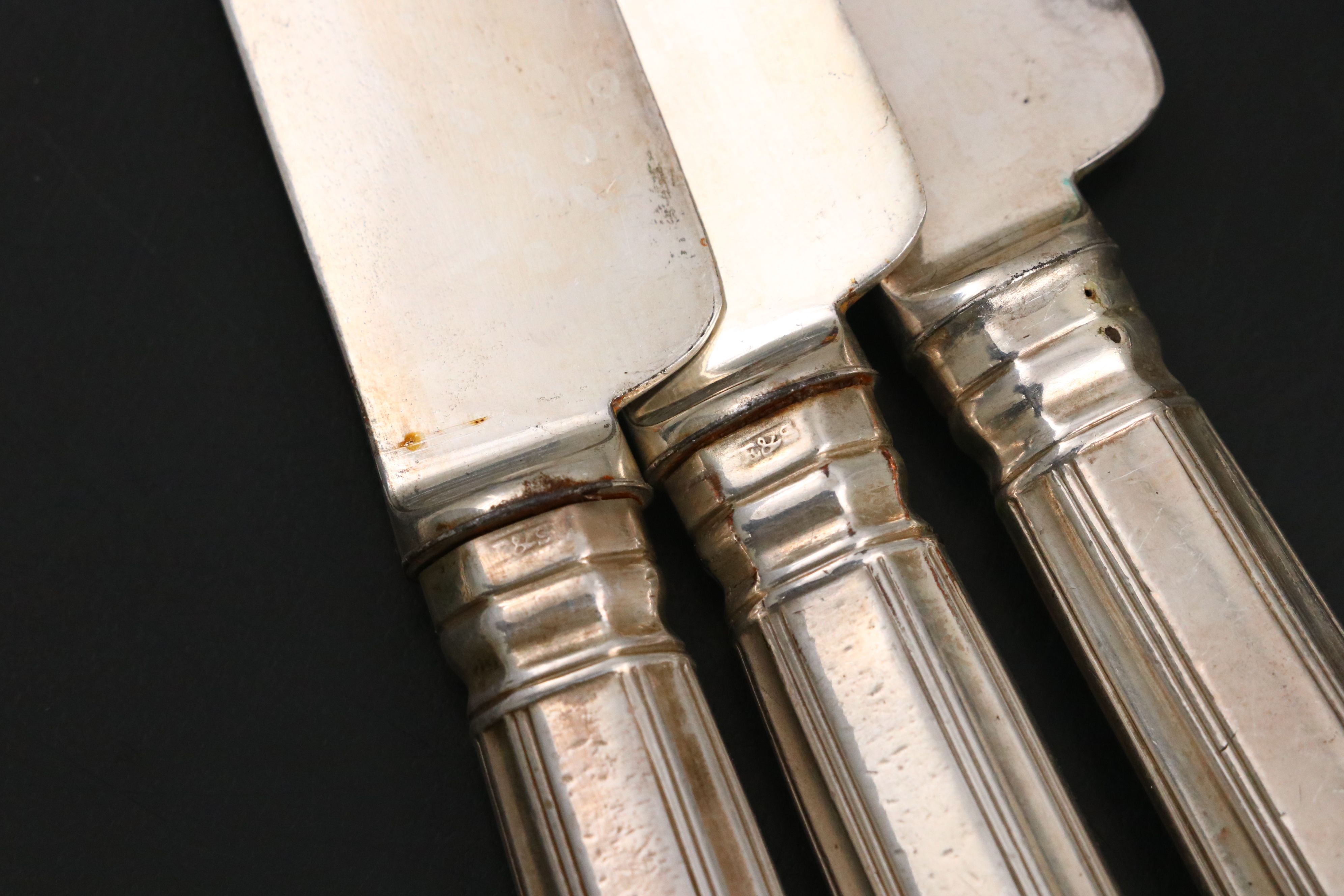 English "Kings" Sterling and Silver Plate Handled Knives and Sharpener