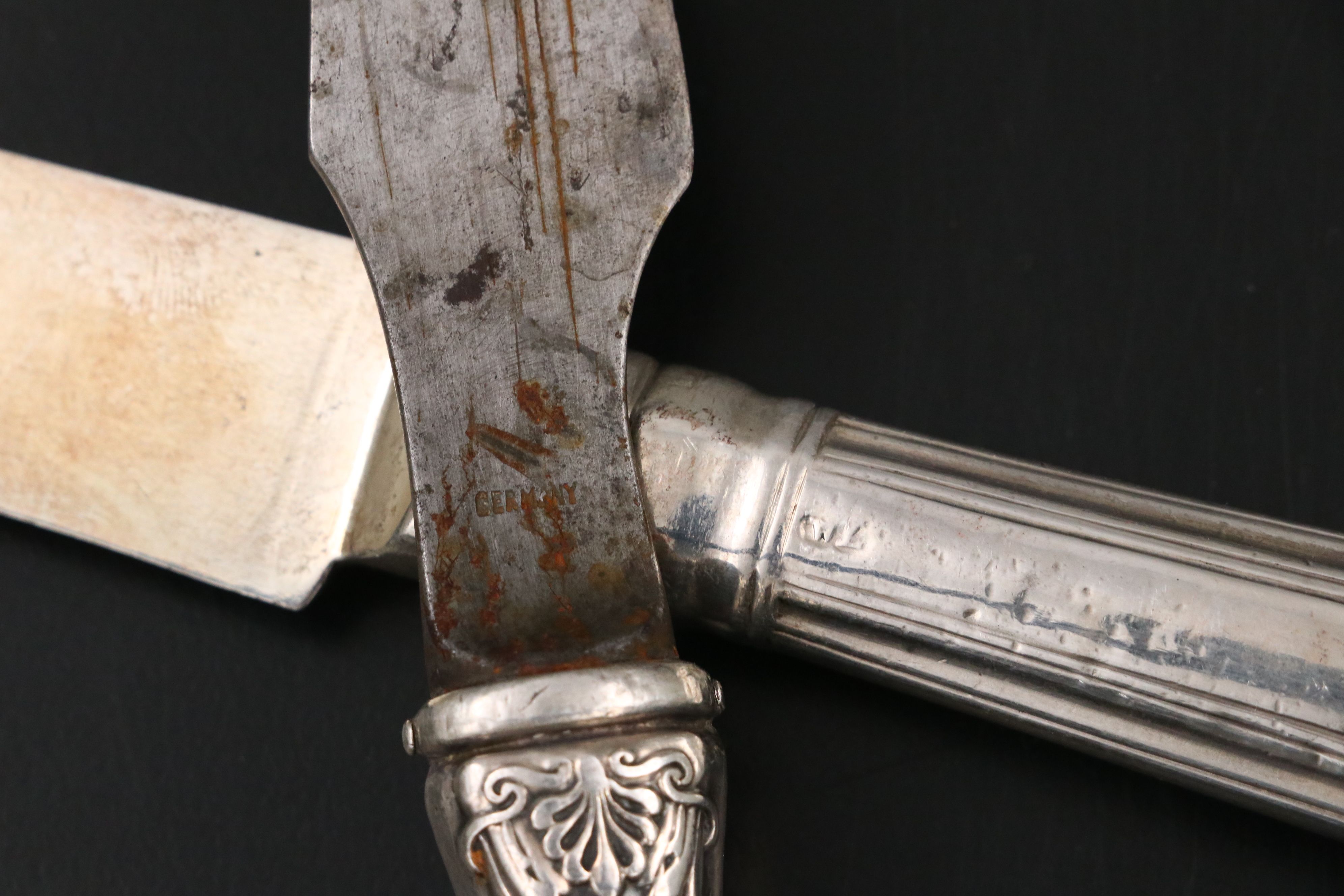 English "Kings" Sterling and Silver Plate Handled Knives and Sharpener