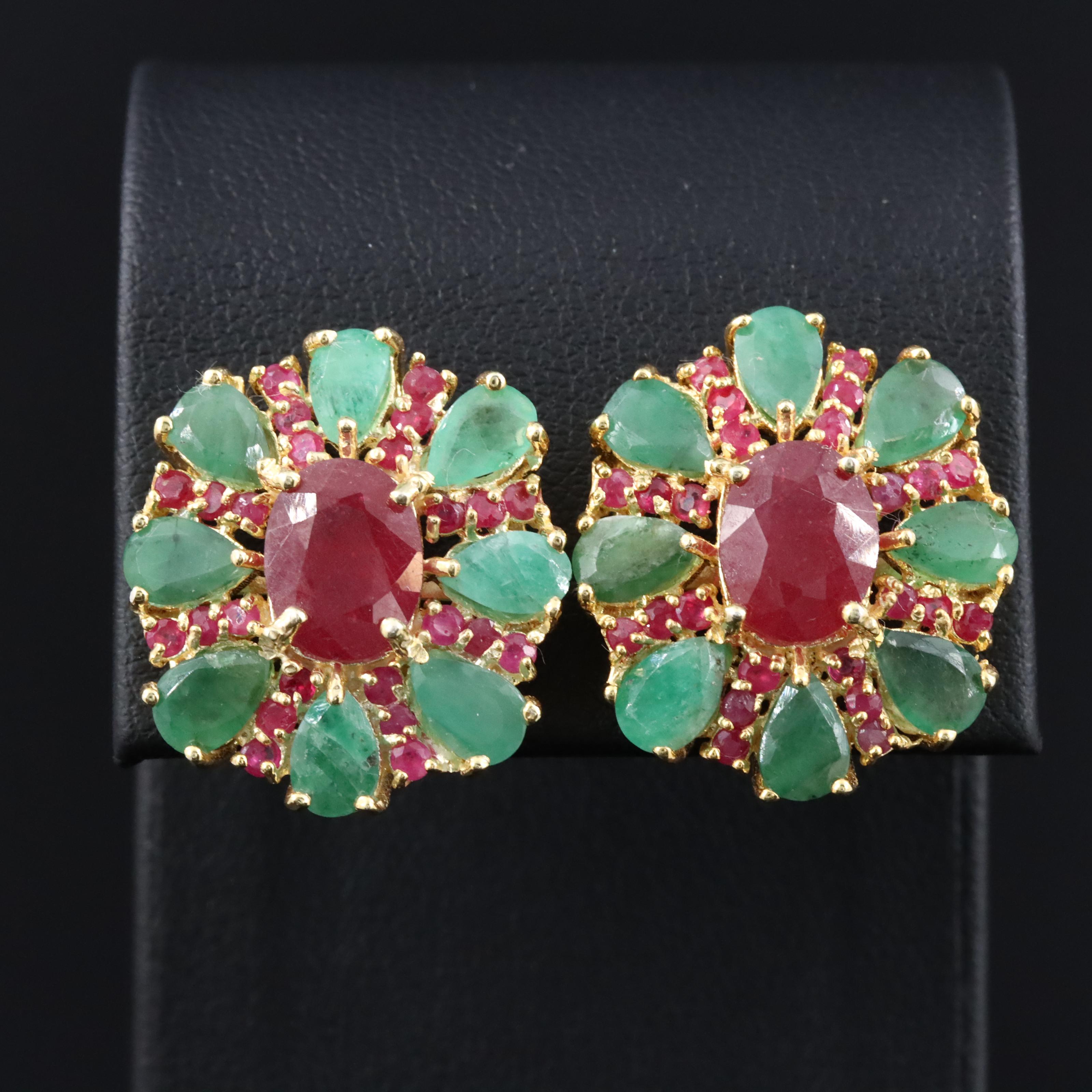 Sterling Filled Corundum, Ruby and Emerald Button Earrings