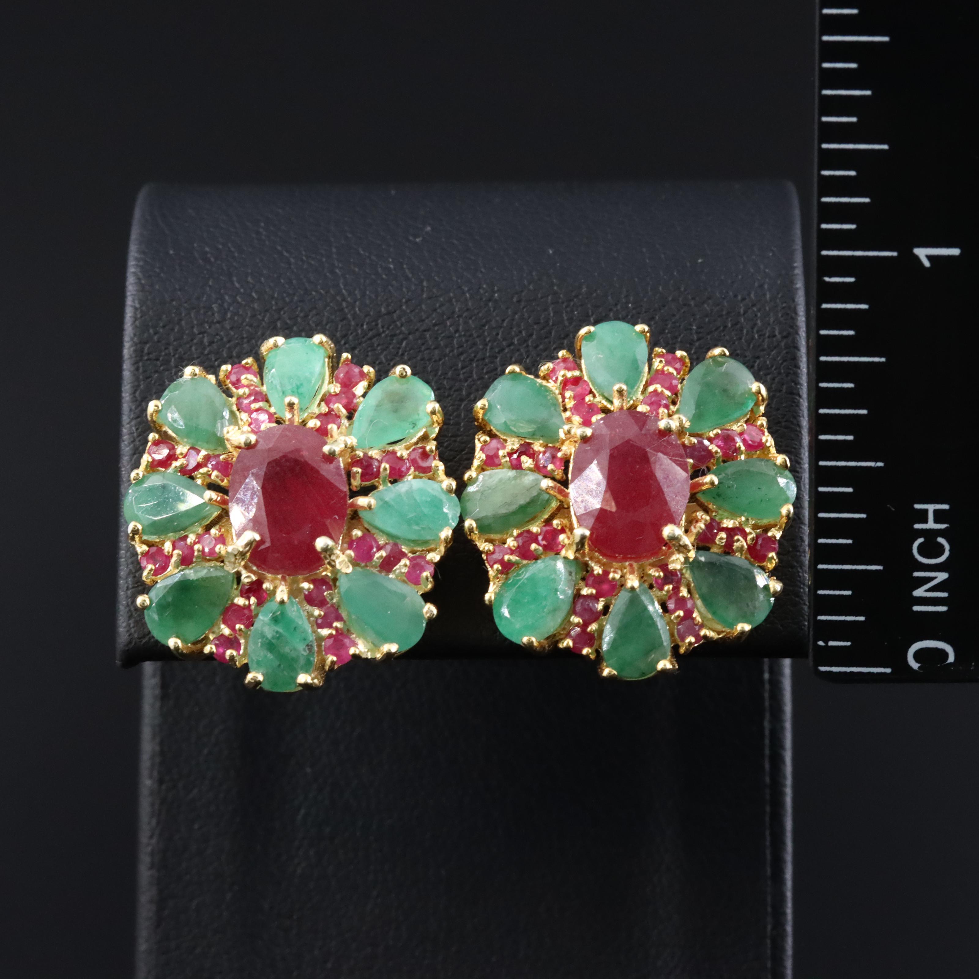 Sterling Filled Corundum, Ruby and Emerald Button Earrings